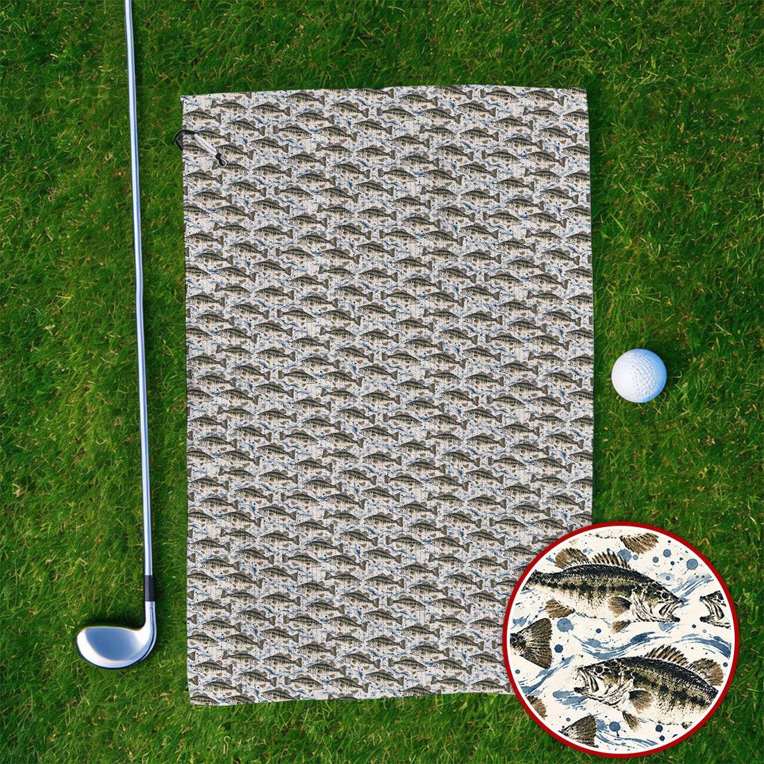 Gyotaku Bass Fishing Golf Towels, Vintage Japanese Fish Pattern Golf Towel, Golf Gift For Fishing Lovers
