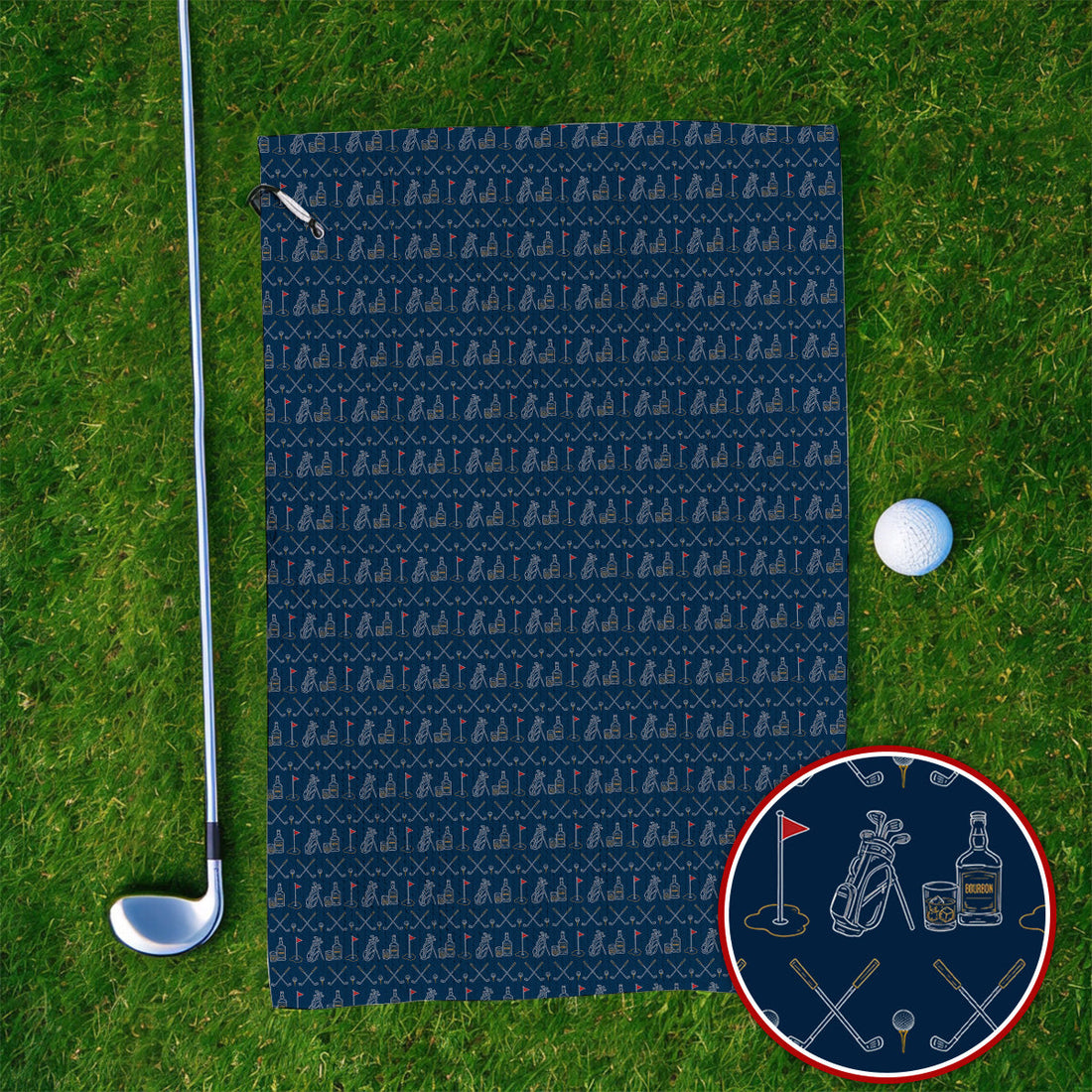 Bourbon Golf Towel, Whiskey & Golf Club Pattern Towels, Classic Gift For Bourbon Loving Golfers