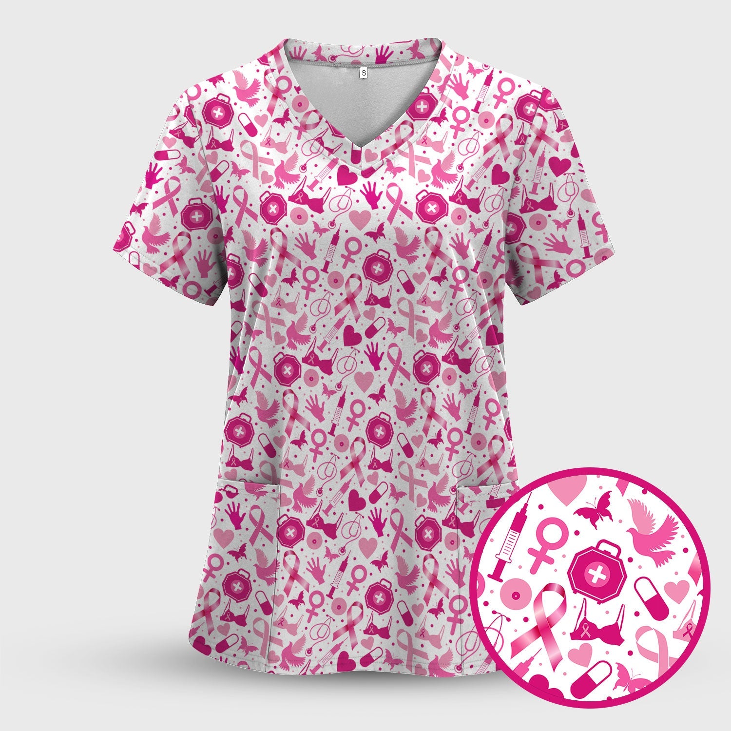 Breast Cancer Awareness Shirt - Pink Ribbon & Nurse Icons Pattern - Gift for RN LPN Healthcare Workers