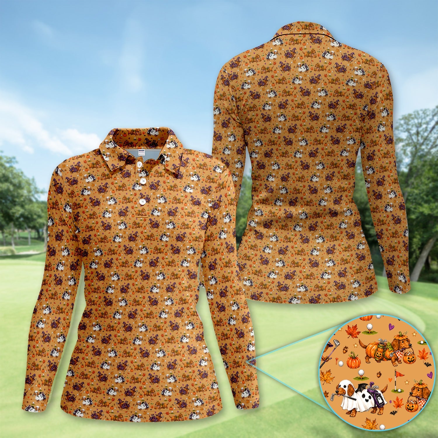 Halloween Dachshund Golf Polo Shirt for Women – Funny Spooky Wiener Dog Golfer Polo