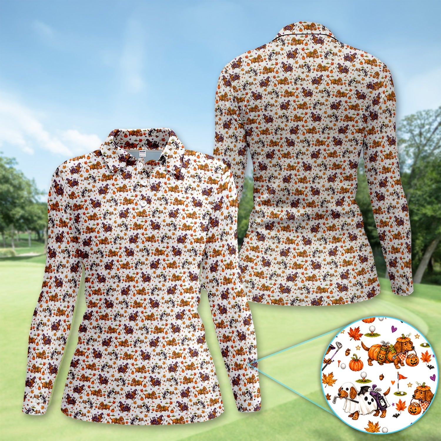Halloween Dachshund Golf Polo Shirt for Women – Funny Spooky Wiener Dog Golfer Polo