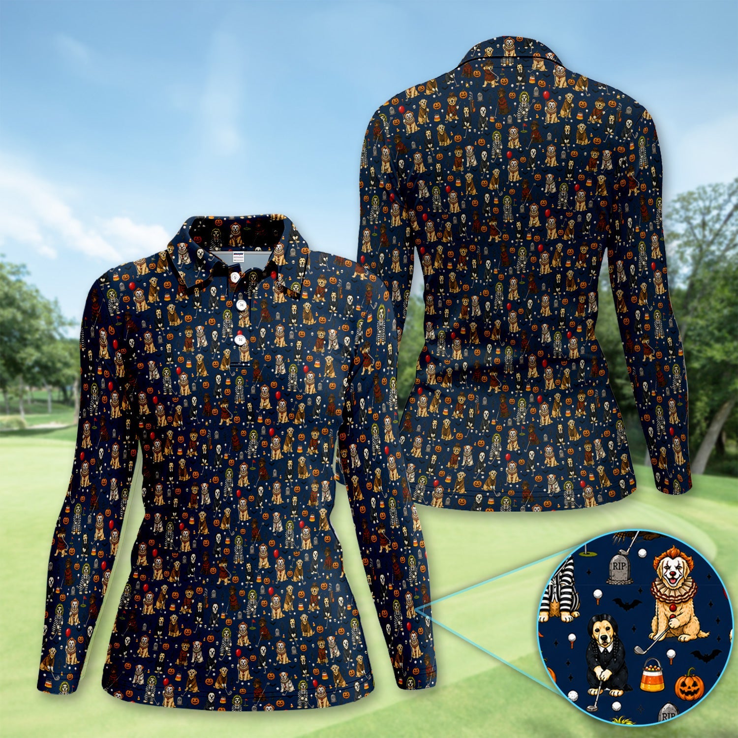 Funny Horror Dog Halloween Golf Pattern Shirt, Spooky Movie Dog Golf Shirt For Women, Halloween Golfer Gift