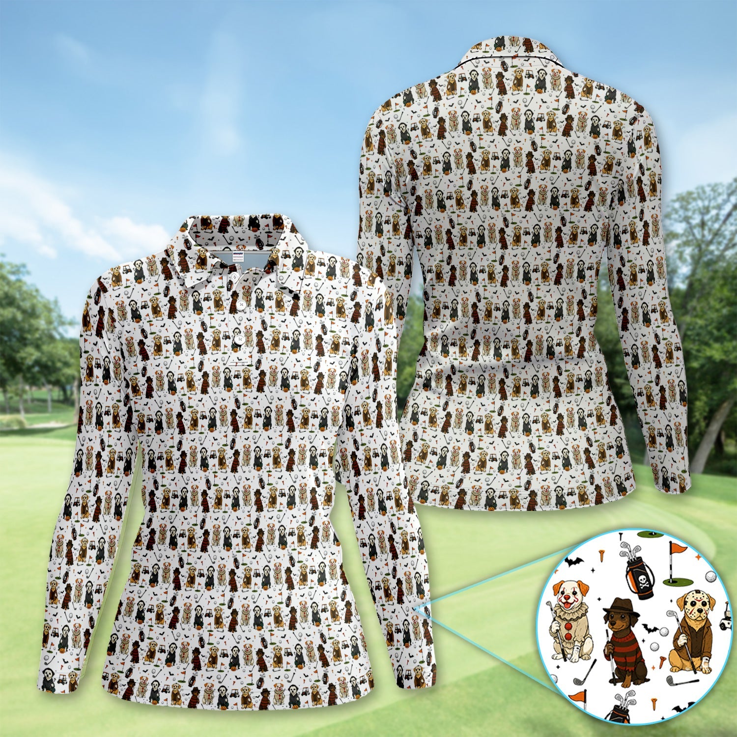 Spooky Slasher Dog Golf Pattern Shirt, Horror Pup Golf Polo For Women, Halloween Golf Lover Gift