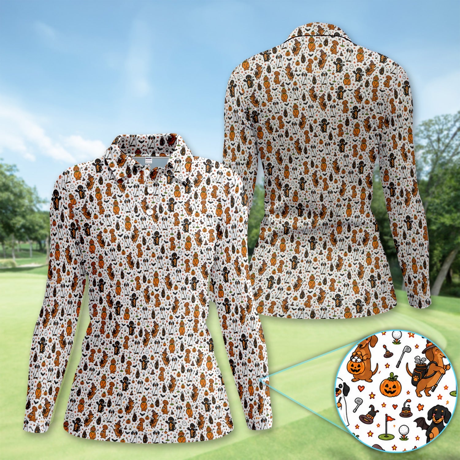 Halloween Dog Golf Polo Shirt for Women– Funny Spooky Golfer Pattern Polo