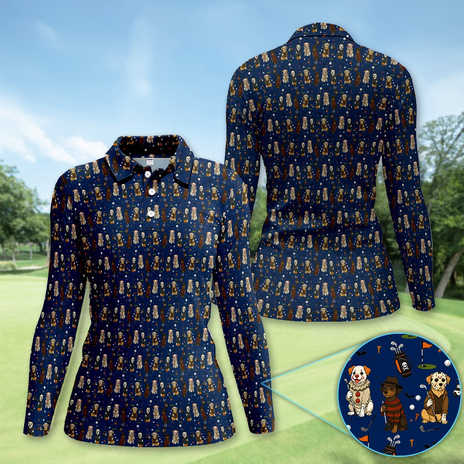 Funny Horror Dog Halloween Golf Pattern Shirt, Spooky Dog Golf Polo For Women, Halloween Golfer Gift