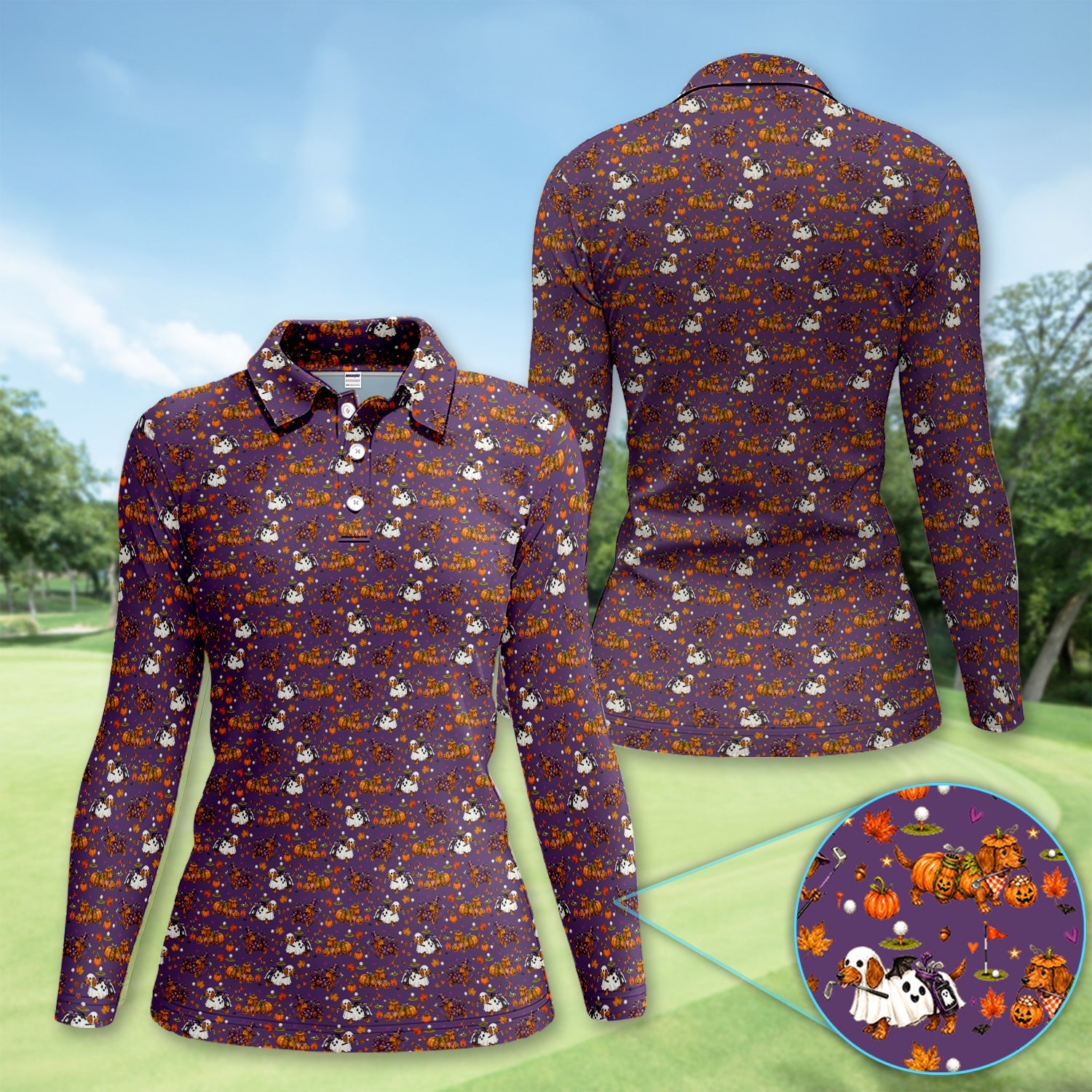 Halloween Dachshund Golf Polo Shirt for Women – Funny Spooky Wiener Dog Golfer Polo