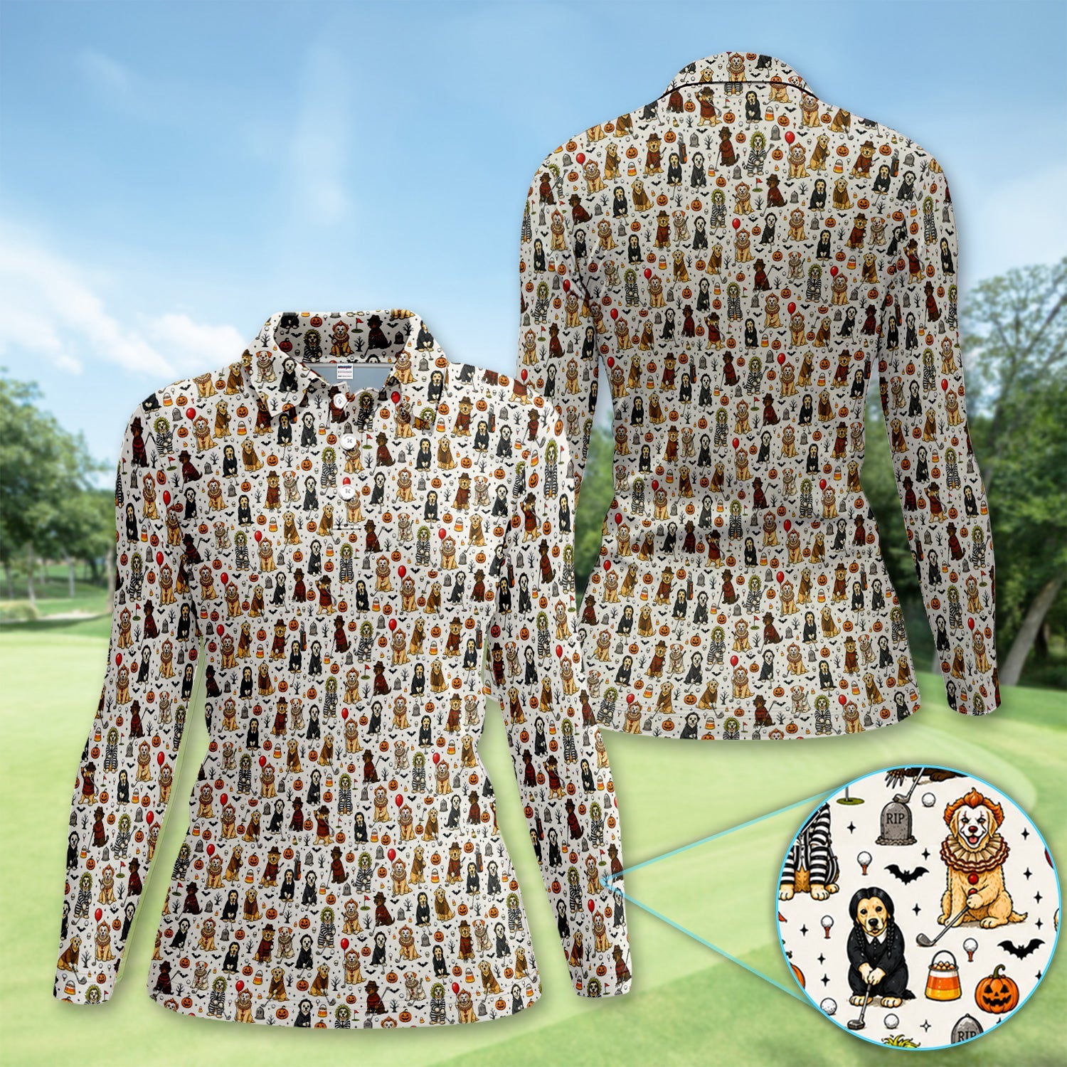 Funny Horror Dog Halloween Golf Pattern Shirt, Spooky Movie Dog Golf Shirt For Women, Halloween Golf Gift