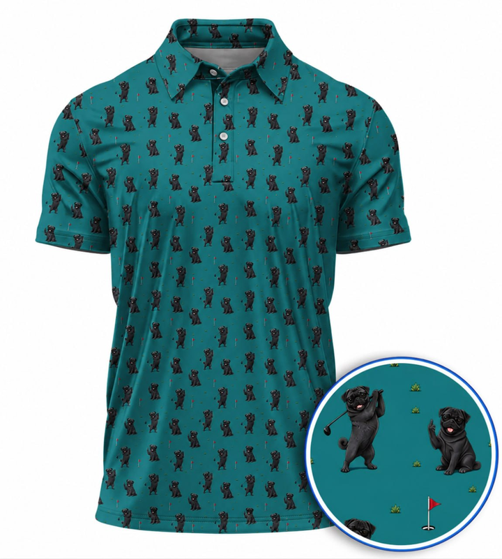 Crazy Black Pug Golf Shirt, Pug Pattern Golf Polos, Golf Gift For Golfer