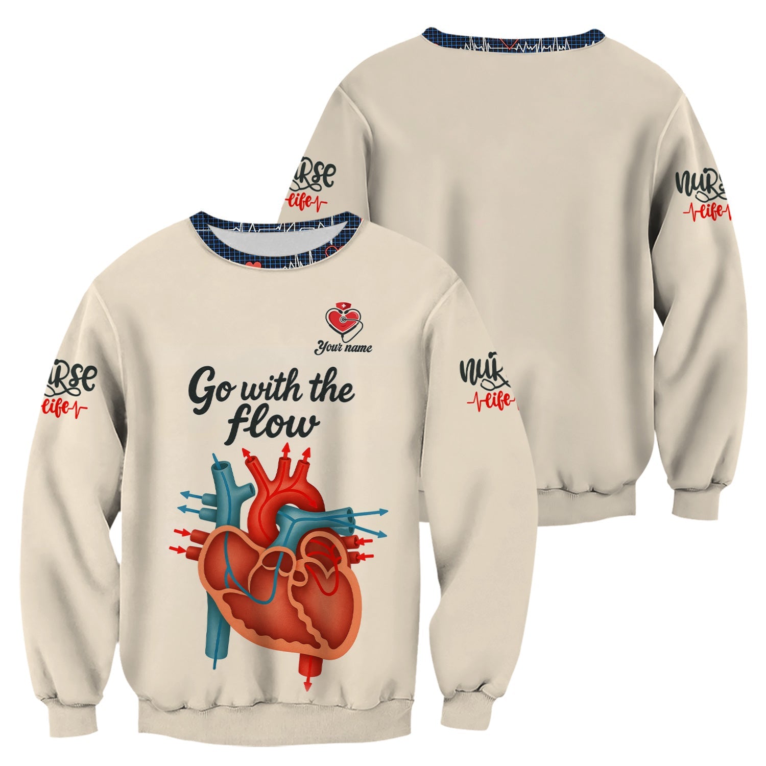 Funny Nurse Shirt for Women RN LPN CNA - Go With The Flow Heart Anatomy Design - Custom Name Gift for Healthcare Workers, Cardiologists, ICU & ER Staff