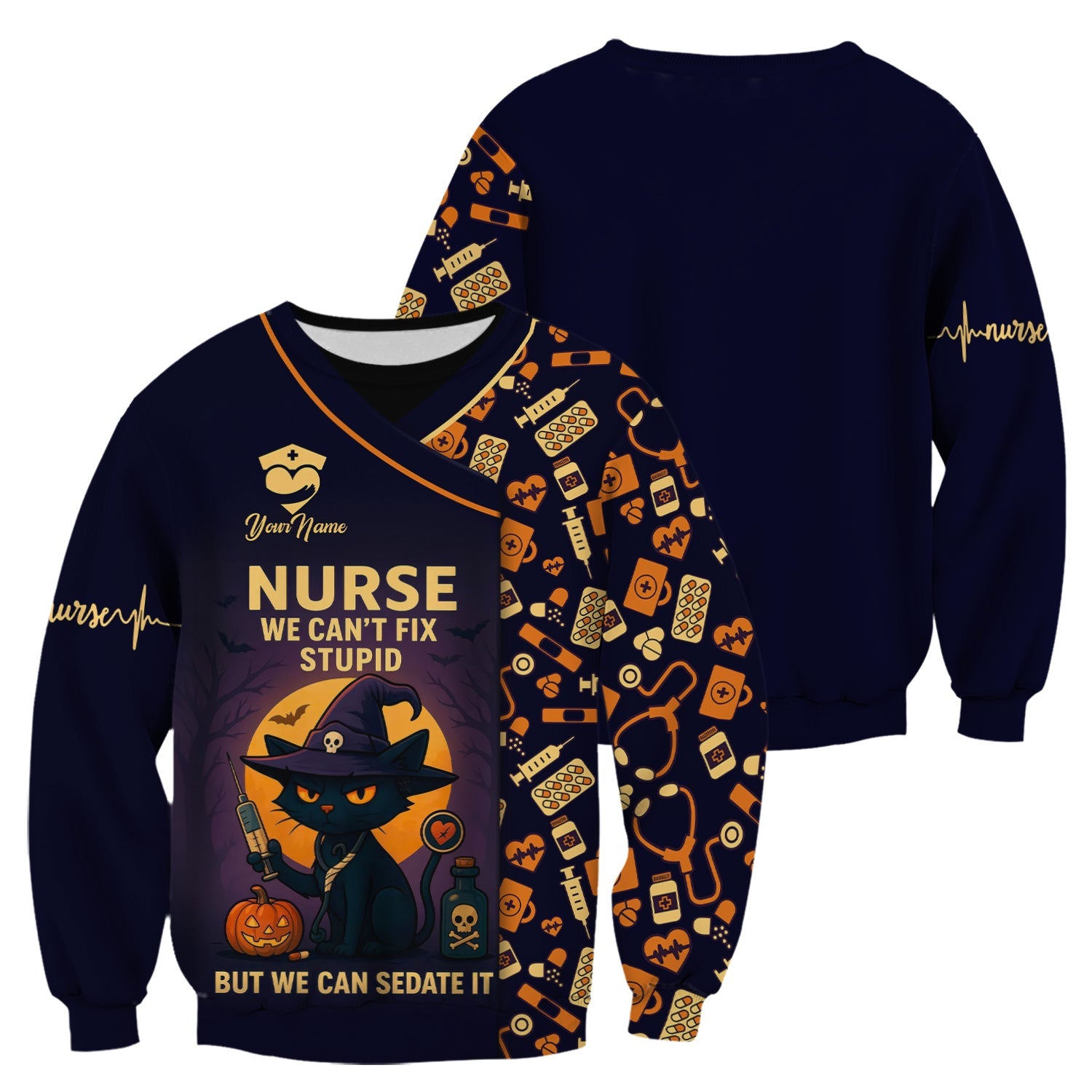 Personalized We Can't Fix Stupid Nurse Shirt - Spooky Black Cat Halloween Design - Custom Name Medical Gift for RN CNA Women