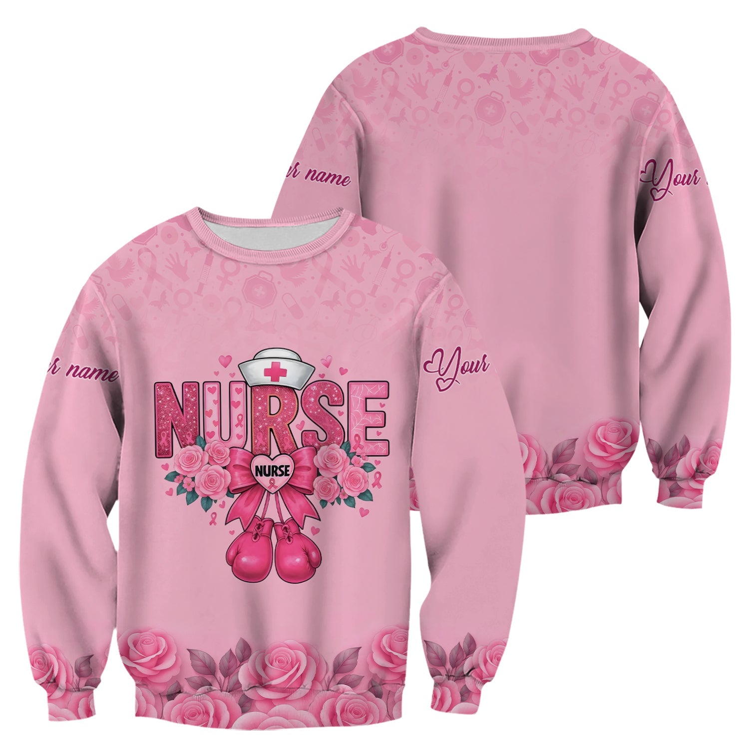 Personalized Breast Cancer Fighter Shirt - Pink Boxing Gloves & Rose Floral Design - Gift for RN LPN CNA