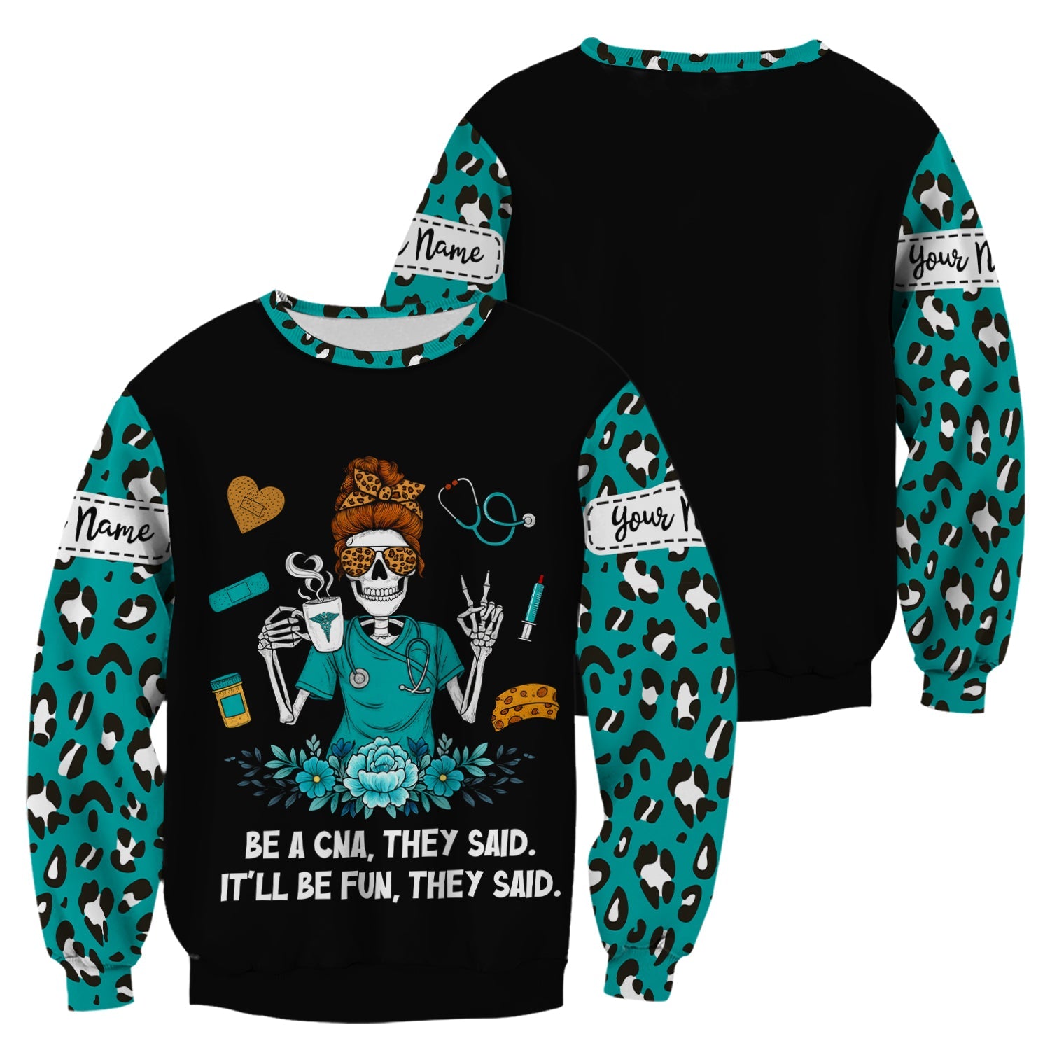 Personalized CNA Skeleton Shirt - Messy Bun Hair & Leopard Print Graphic Tee - Gift for Women CNA & Healthcare Workers