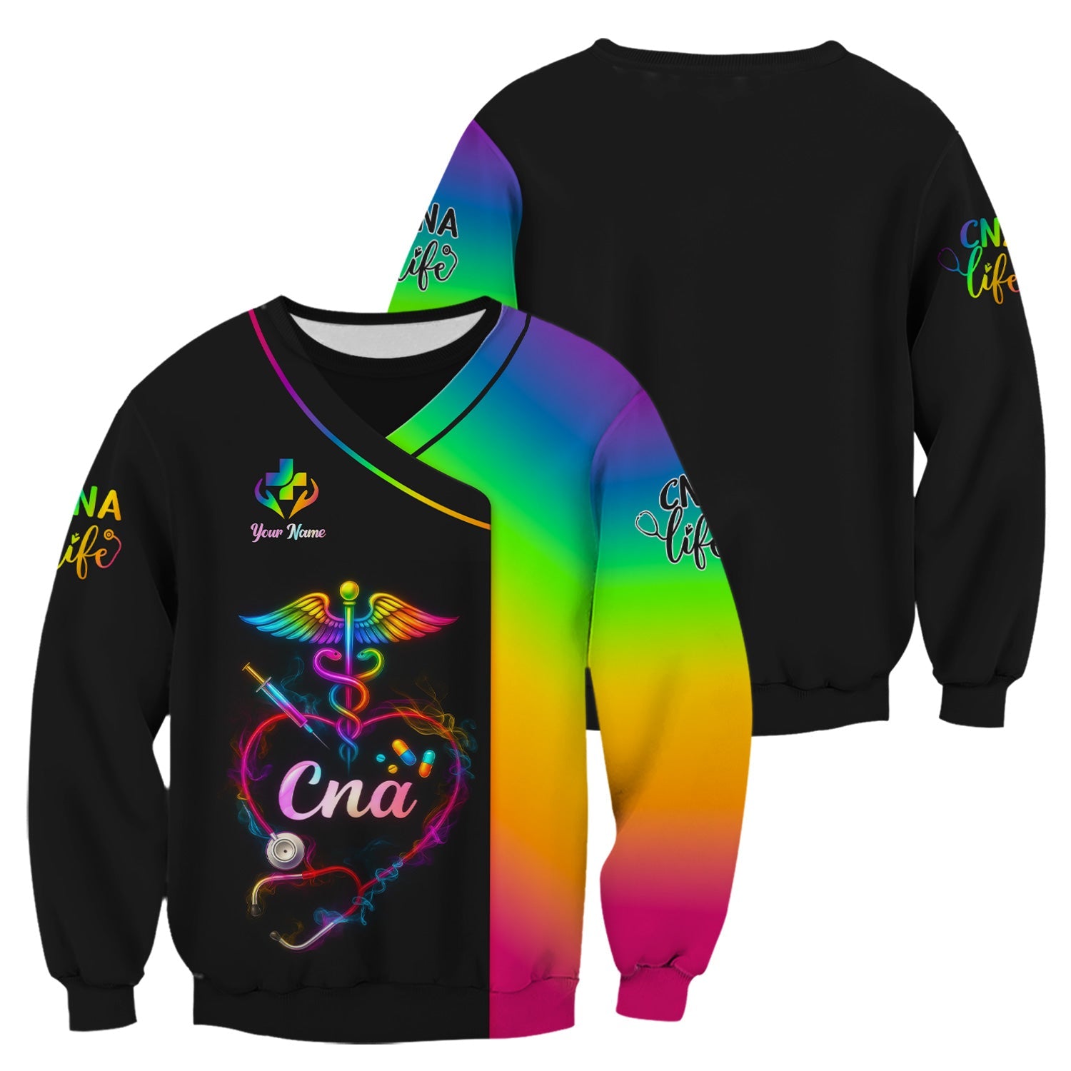Custom Rainbow CNA Nurse Shirt - Stethoscope Heart & Caduceus Design - Gift for RN LPN Healthcare Workers
