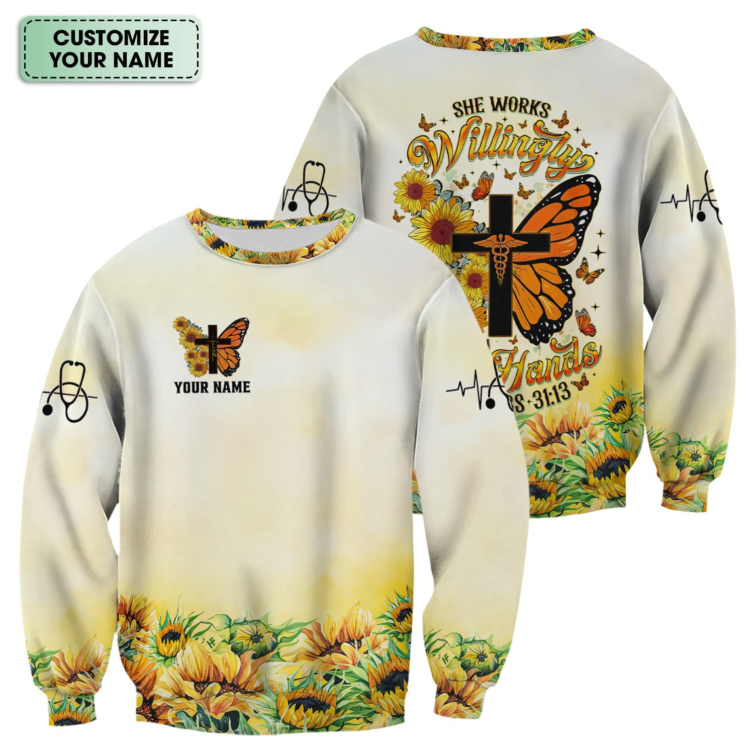 Custom Faith Nurse Shirt ‰ÛÒ Sunflower Butterfly Cross & Bible Verse Graphic Tee - Gift for RN LPN CNA Healthcare Workers