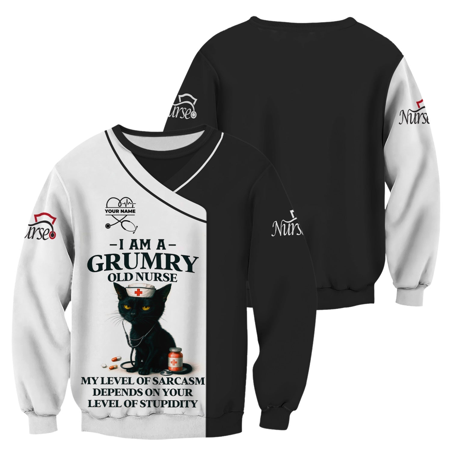 Grumpy Old Nurse Scrub Shirt with Sarcastic Black Cat Design - I Am a Nurse Of Course I'm Grumpy Quote - Gift for RN CNA LPN Healthcare Workers