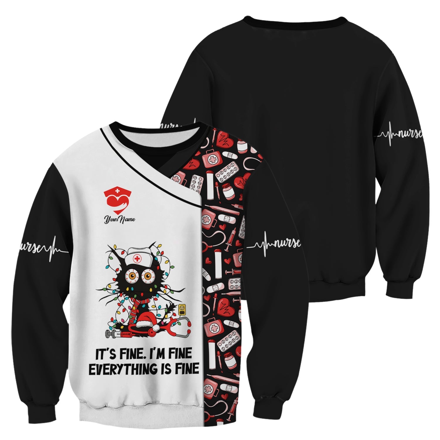 Personalized Sarcastic Nurse Shirt - Messy Black Cat with Christmas Lights Graphic Tee - Gift for Women RN, LPN, CNA