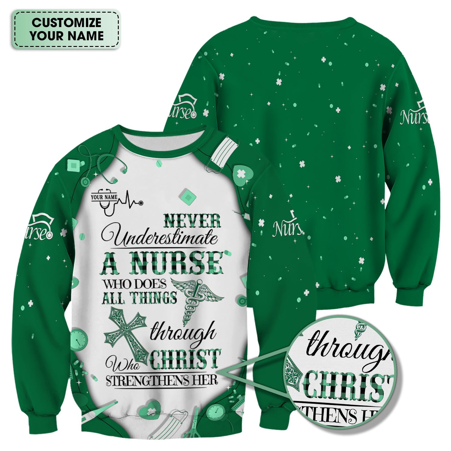 Personalized Christian Nurse Shirt - All Things Through Christ Quote - Faith-Based Medical Gift for RN, LPN, CNA Healthcare Workers