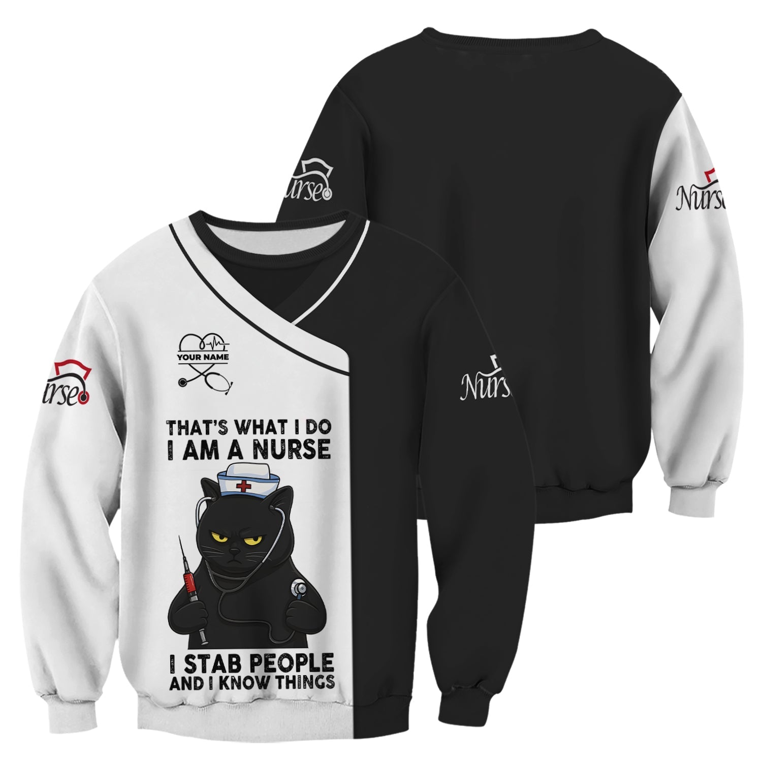 Personalized Grumpy Black Cat Nurse Shirt - Funny Syringe & Stethoscope Graphic Tee - Gift for Women RN LPN & Healthcare Workers
