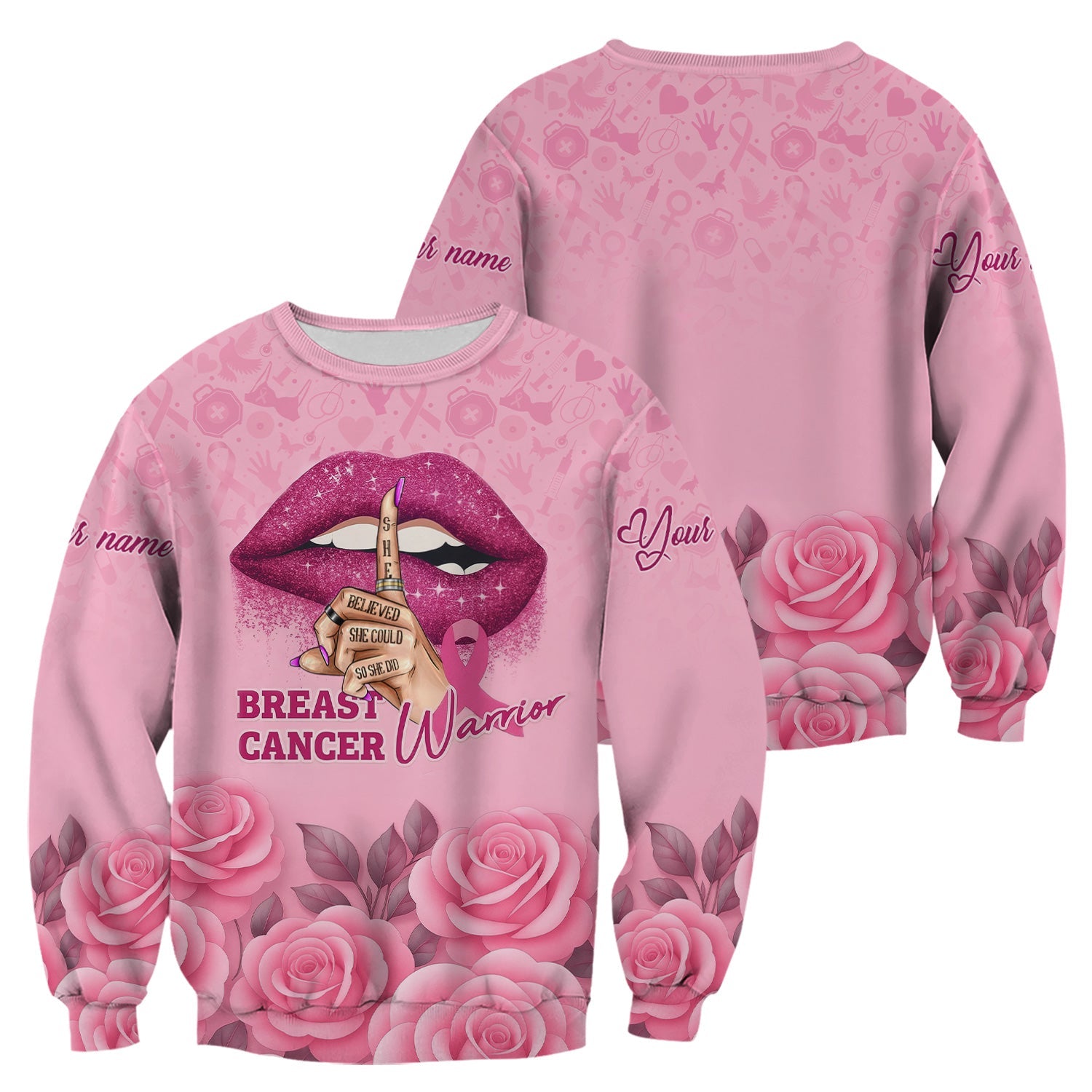 Personalized Breast Cancer Warrior Shirt - She Believed She Could Pink Ribbon Design - Gift for Women RN LPN CNA