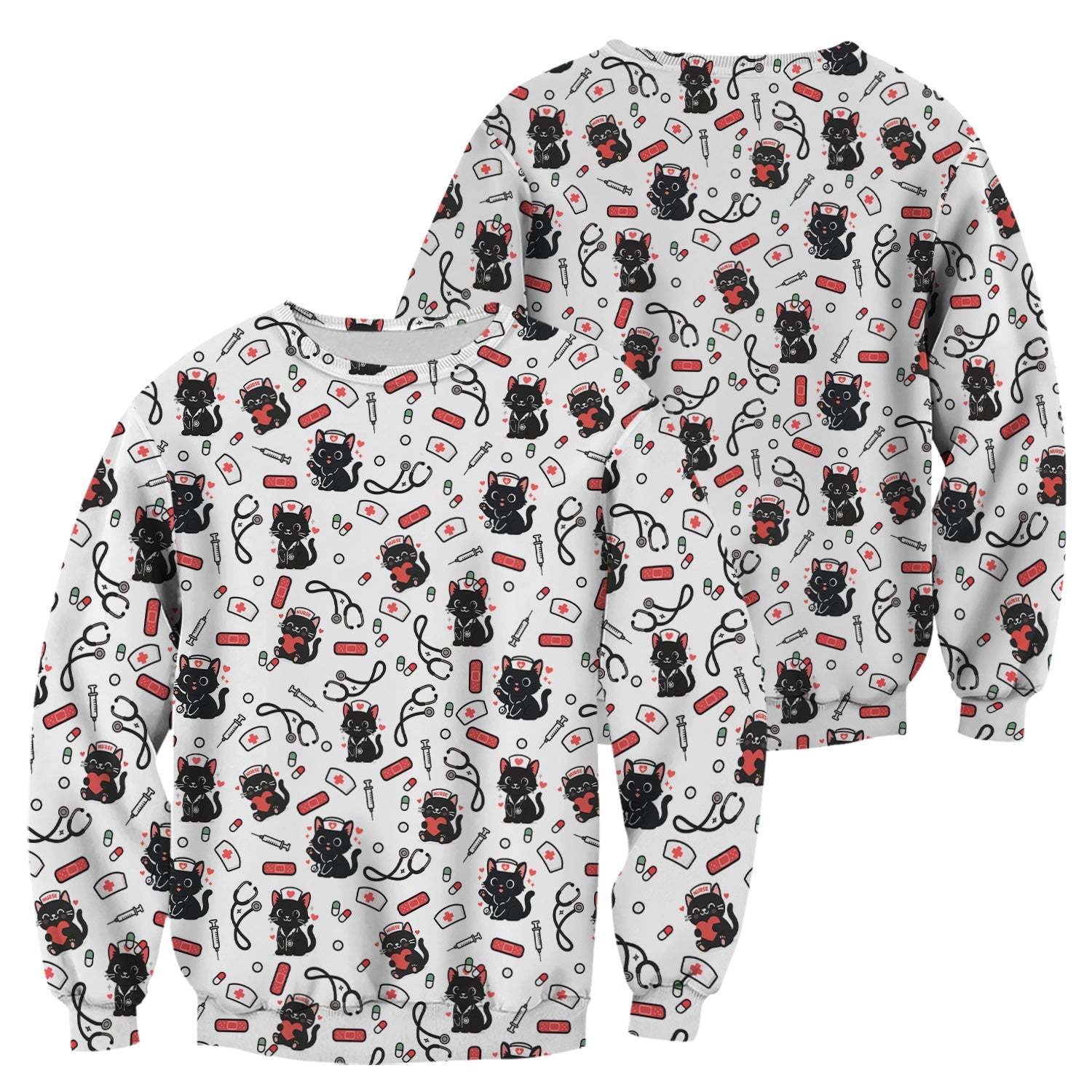 Personalized Adorable Cat Print Nurse Tee - Medical Uniform Shirt with Stethoscope - Gift for RN CNA LPN