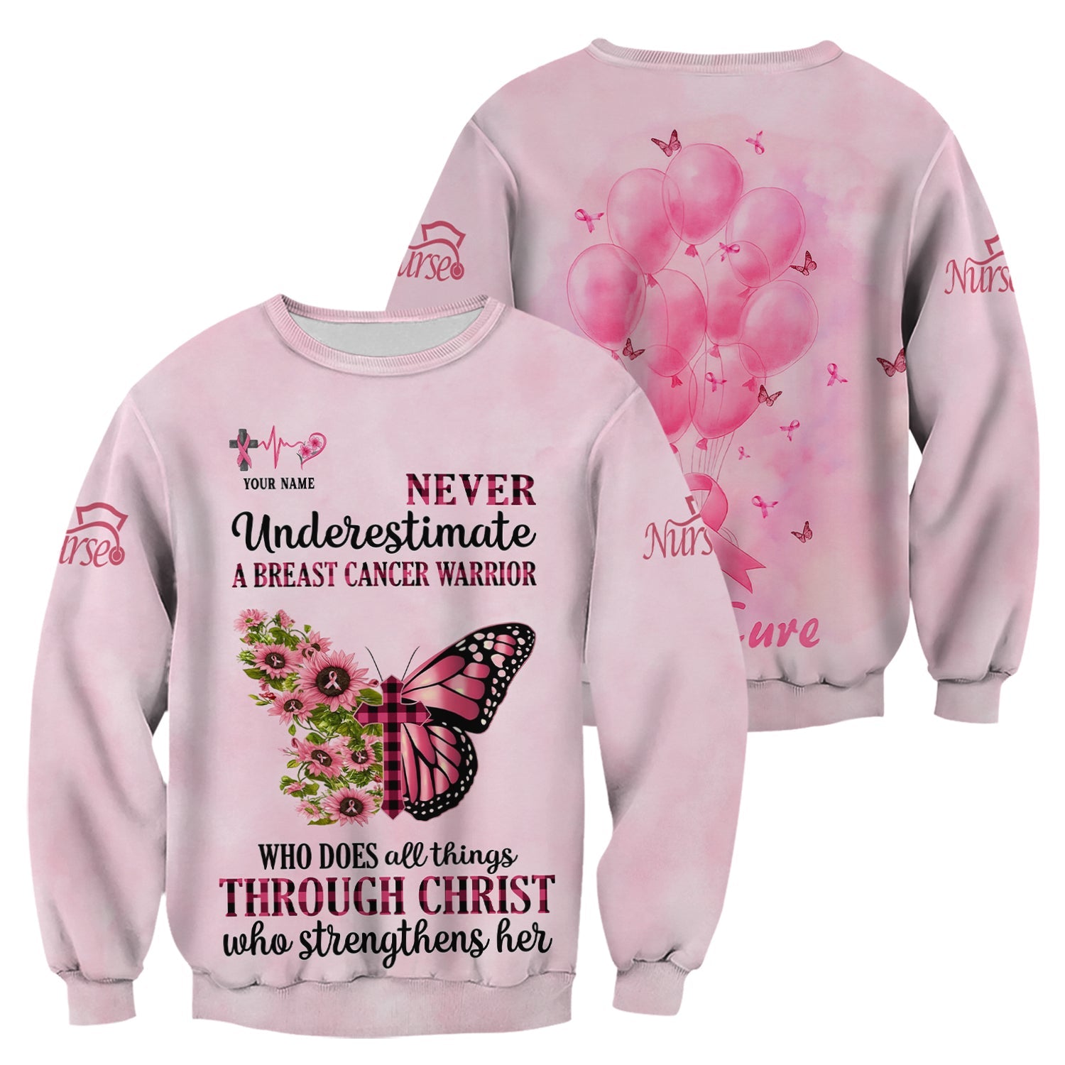 Personalized Breast Cancer Warrior Shirt  - Christian Faith Quote & Pink Butterfly Design - Gift for Women RN LPN CNA