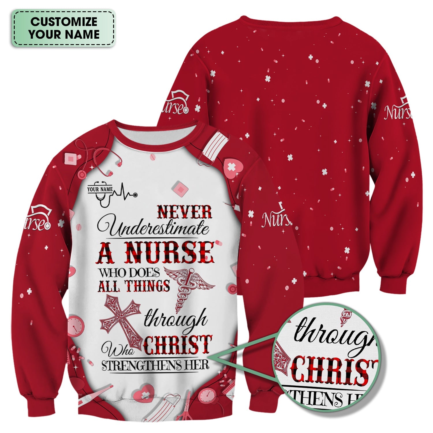 Personalized Christian Nurse Shirt - All Things Through Christ Quote - Faith-Based Medical Gift for RN, LPN, CNA Healthcare Workers