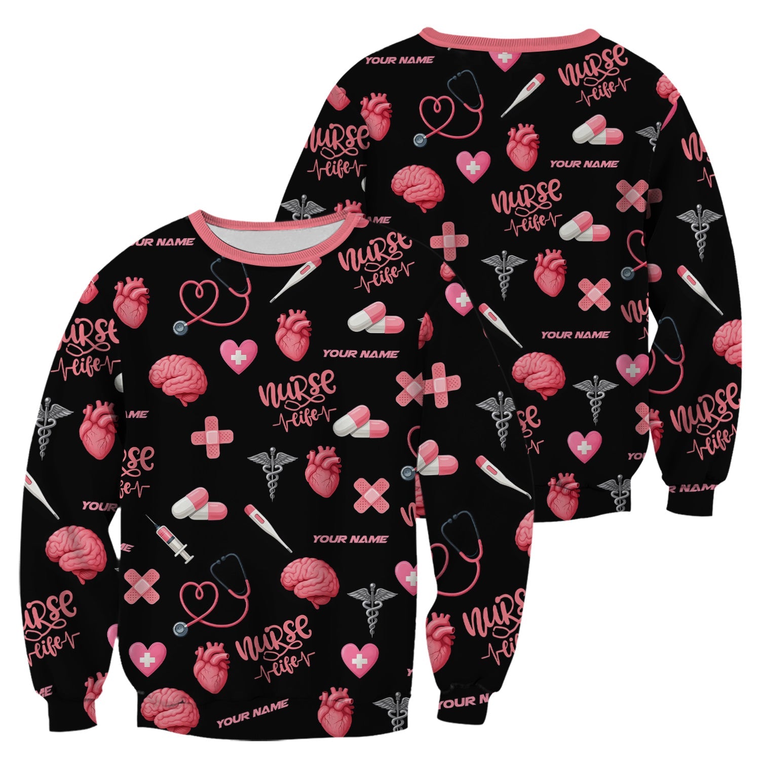 Personalized Nurse Life Shirt - Cute Medical Pattern with Heart Brain Pills Stethoscope - Custom Name Gift for RN CNA LPN Women in Healthcare and Nursing Profession