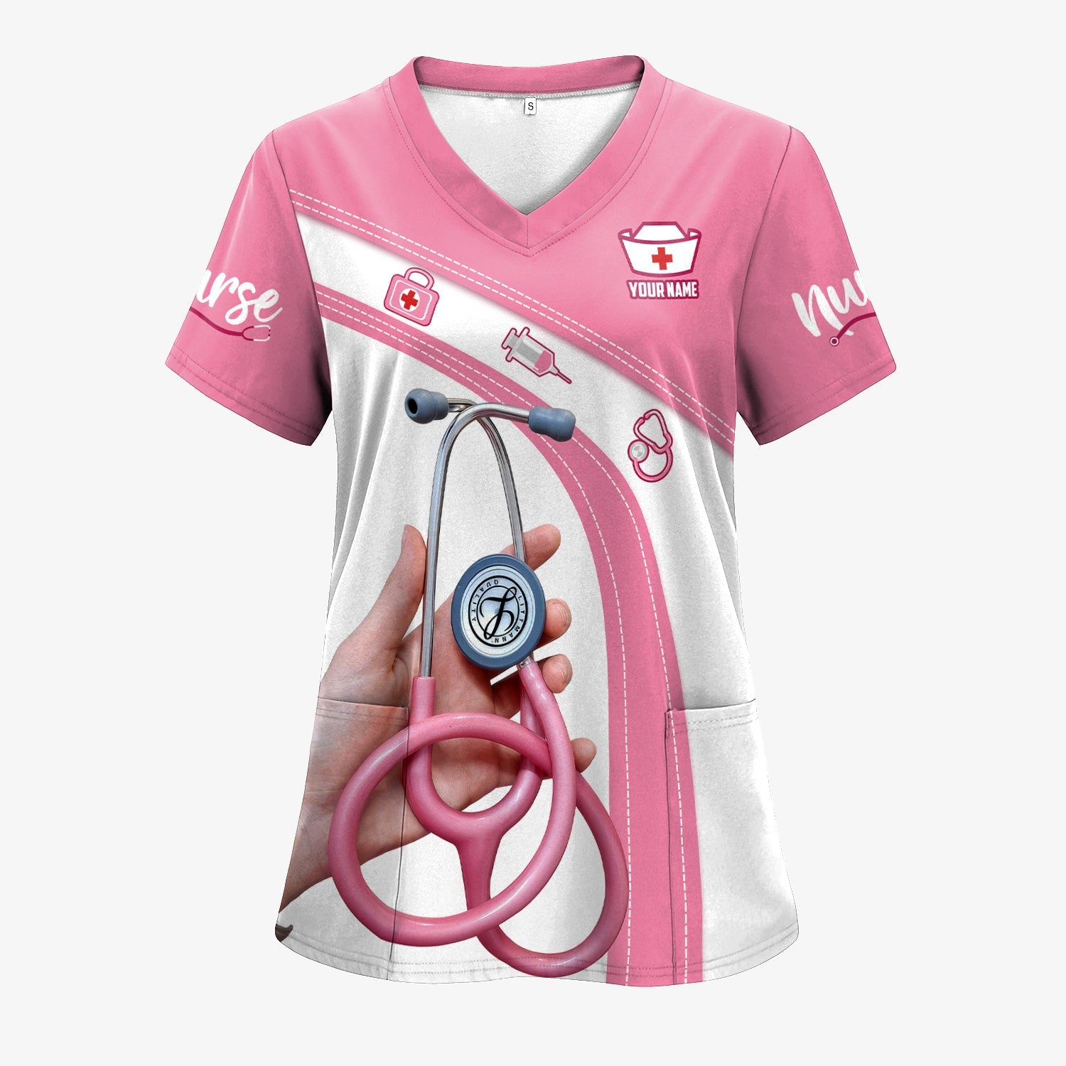 Personalized Nurse Shirt for Women - Pink Stethoscope Gift for RN CNA LPN - Custom Name Medical Uniform Tee