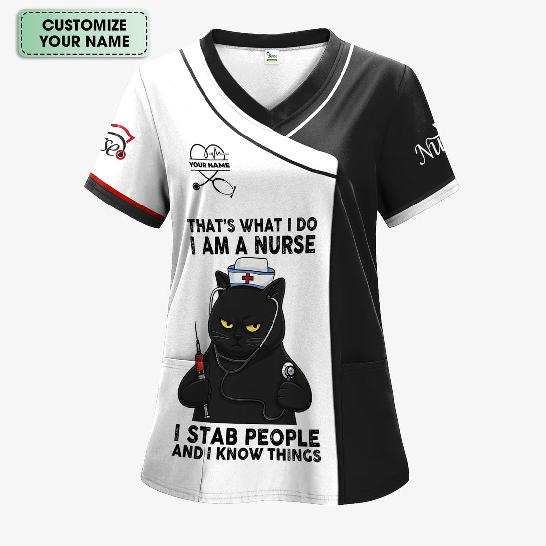 Personalized Grumpy Black Cat Nurse Shirt - Funny Syringe & Stethoscope Graphic Tee - Gift for Women RN LPN & Healthcare Workers