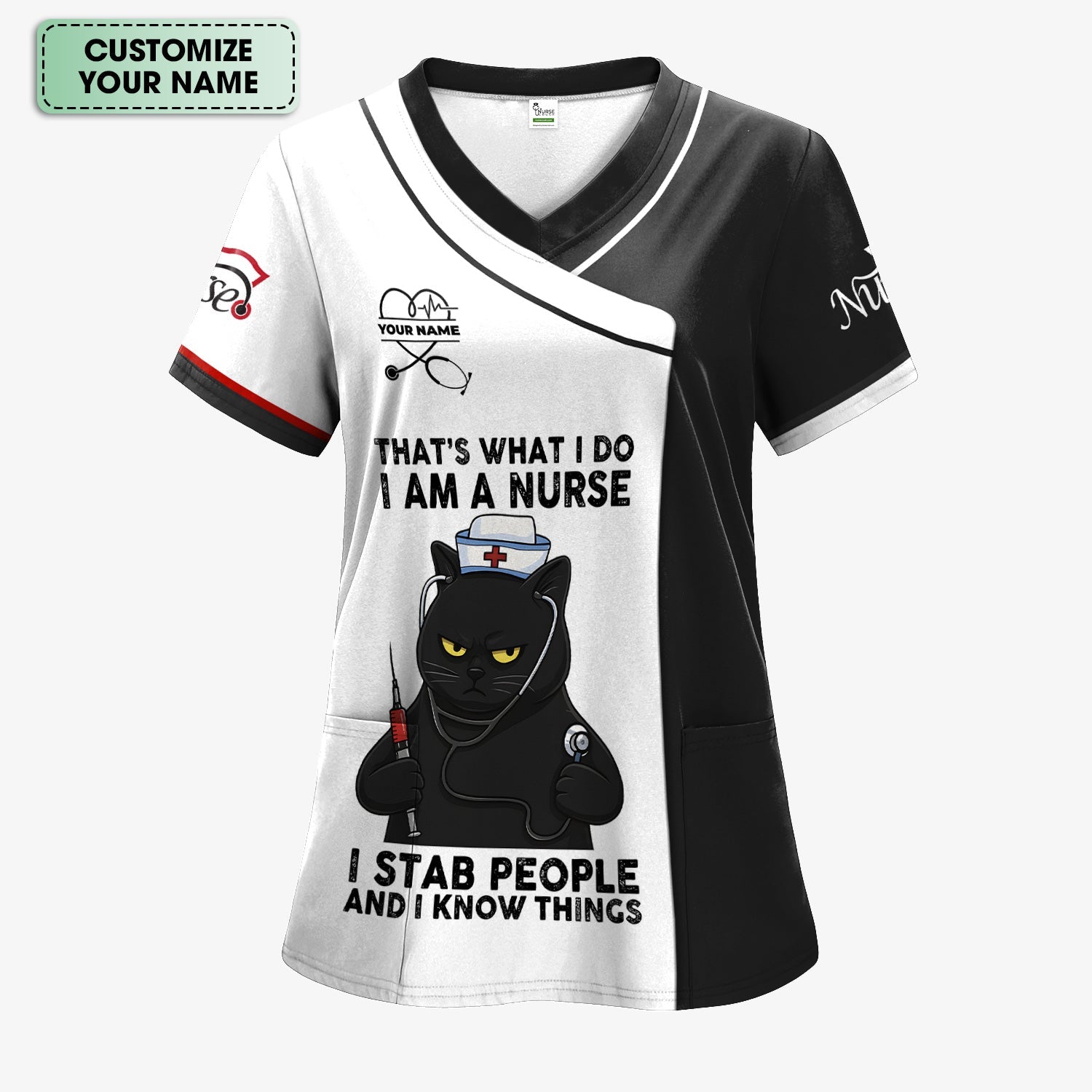 Personalized Grumpy Black Cat Nurse Shirt - Funny Syringe & Stethoscope Graphic Tee - Gift for Women RN LPN & Healthcare Workers