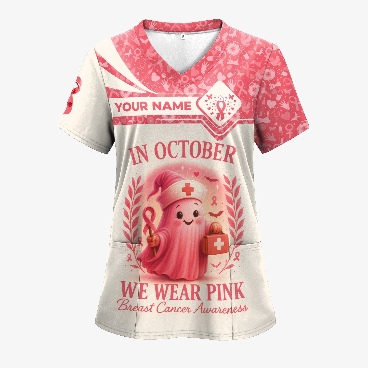 Personalized In October We Wear Pink Shirt - Breast Cancer Awareness Scrub Top - Cute Nurse Uniform Tee with Custom Name