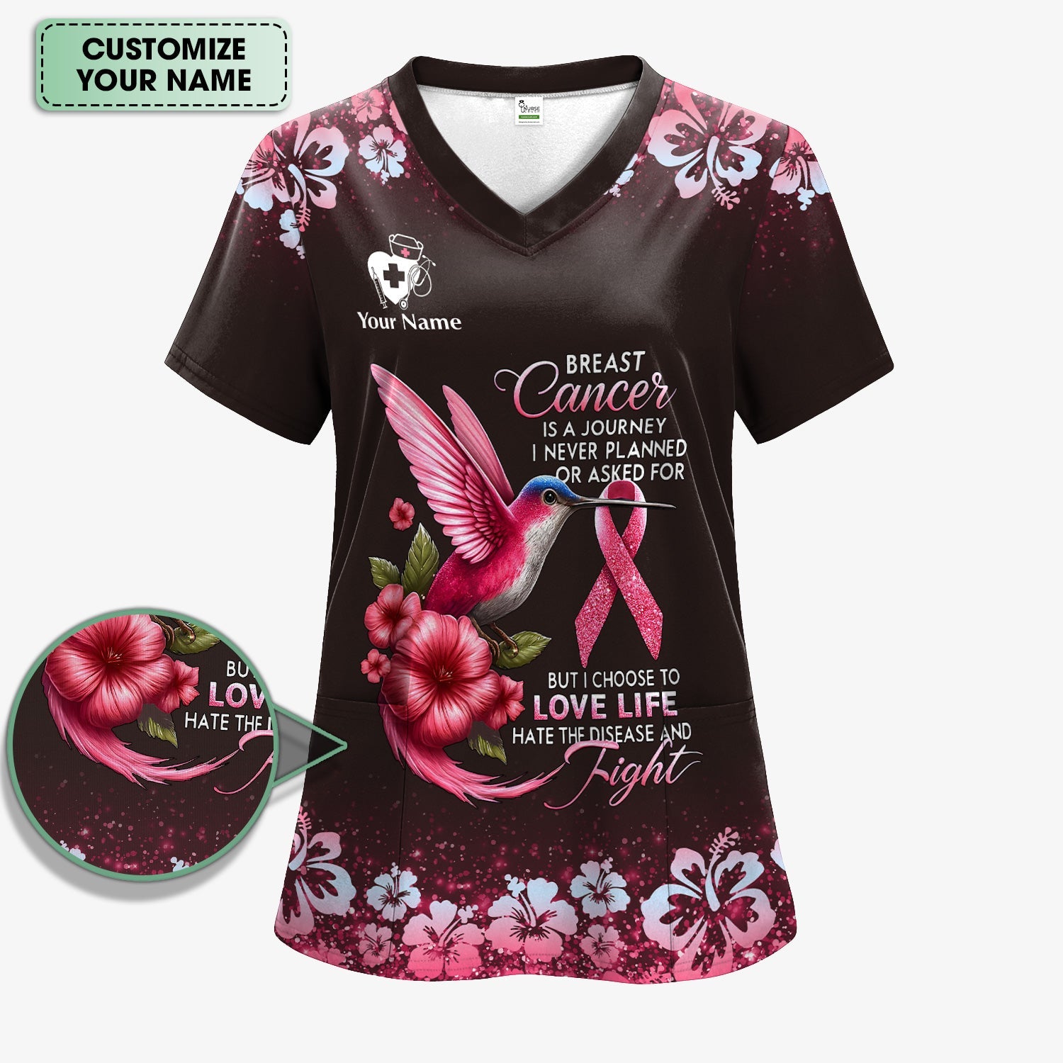 Custom Breast Cancer Awareness Shirt - Hummingbird Pink Ribbon Graphic Tee - Gift for RN LPN CNA