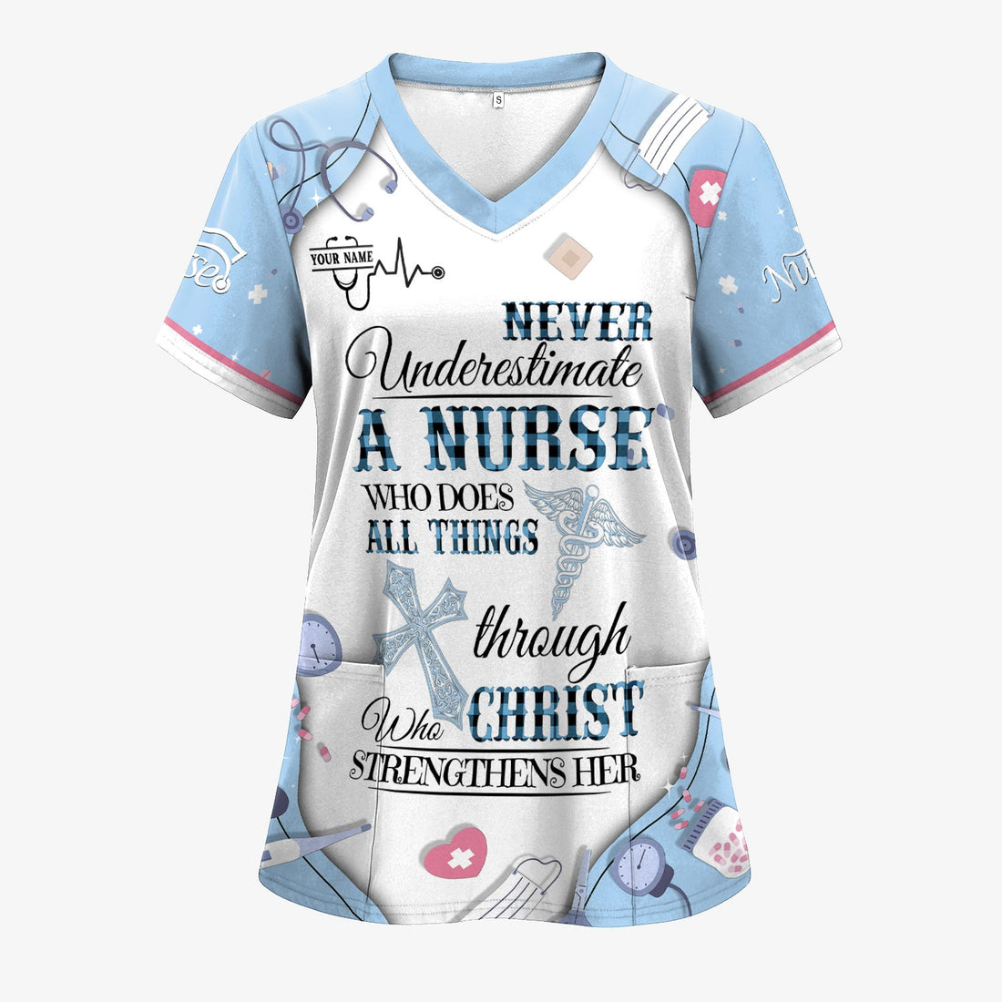 Personalized Christian Nurse Shirt for Women - All Things Through Christ Quote - Faith Medical Gift for RN LPN CNA Healthcare Workers