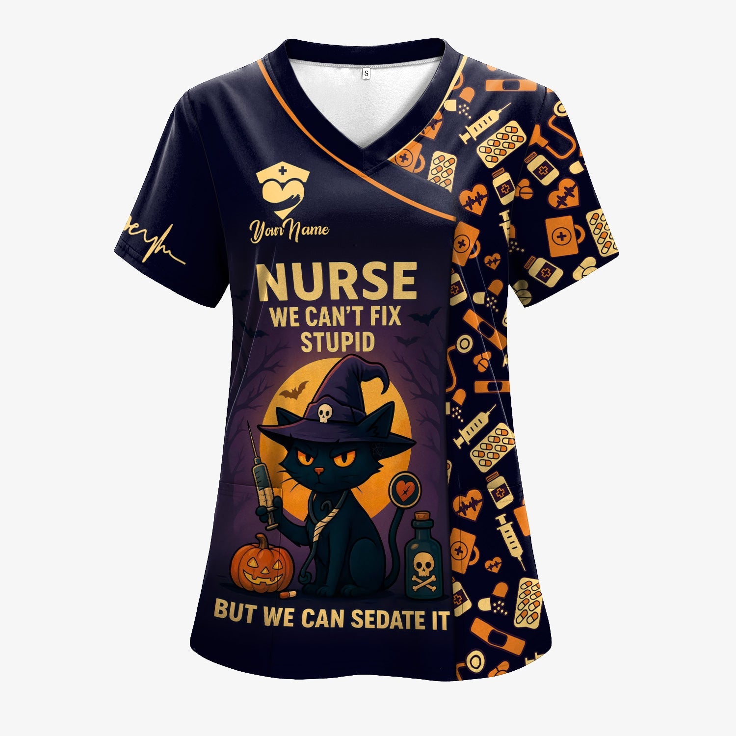 Personalized We Can't Fix Stupid Nurse Shirt - Spooky Black Cat Halloween Design - Custom Name Medical Gift for RN CNA Women