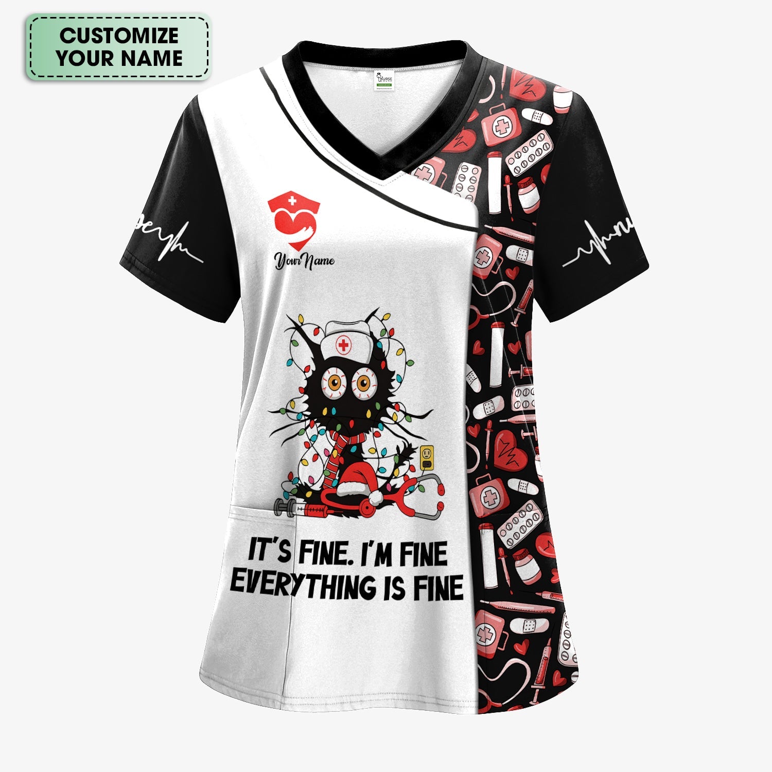 Personalized Sarcastic Nurse Shirt - Messy Black Cat with Christmas Lights Graphic Tee - Gift for Women RN, LPN, CNA