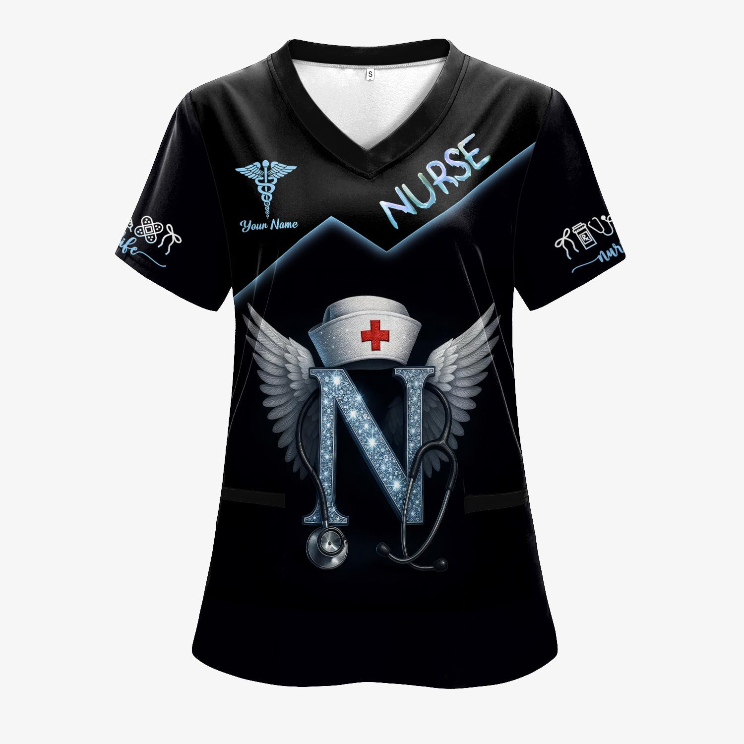 Funny Nurse T-shirt with Glowing 'N' Design - Customizable with Stethoscope & Wings Design - Perfect for RN, CNA, LPN, Healthcare Professionals