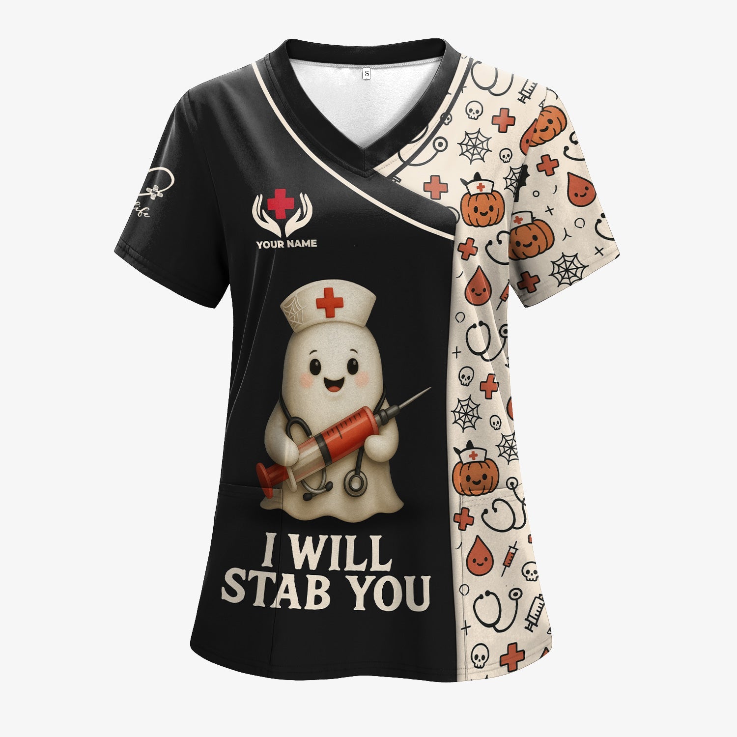 Personalized Halloween Medical Nurse T-Shirt - Funny Ghost with I Will Stab You Quote - Custom Name Gift for RN LPN CNA Healthcare Professionals