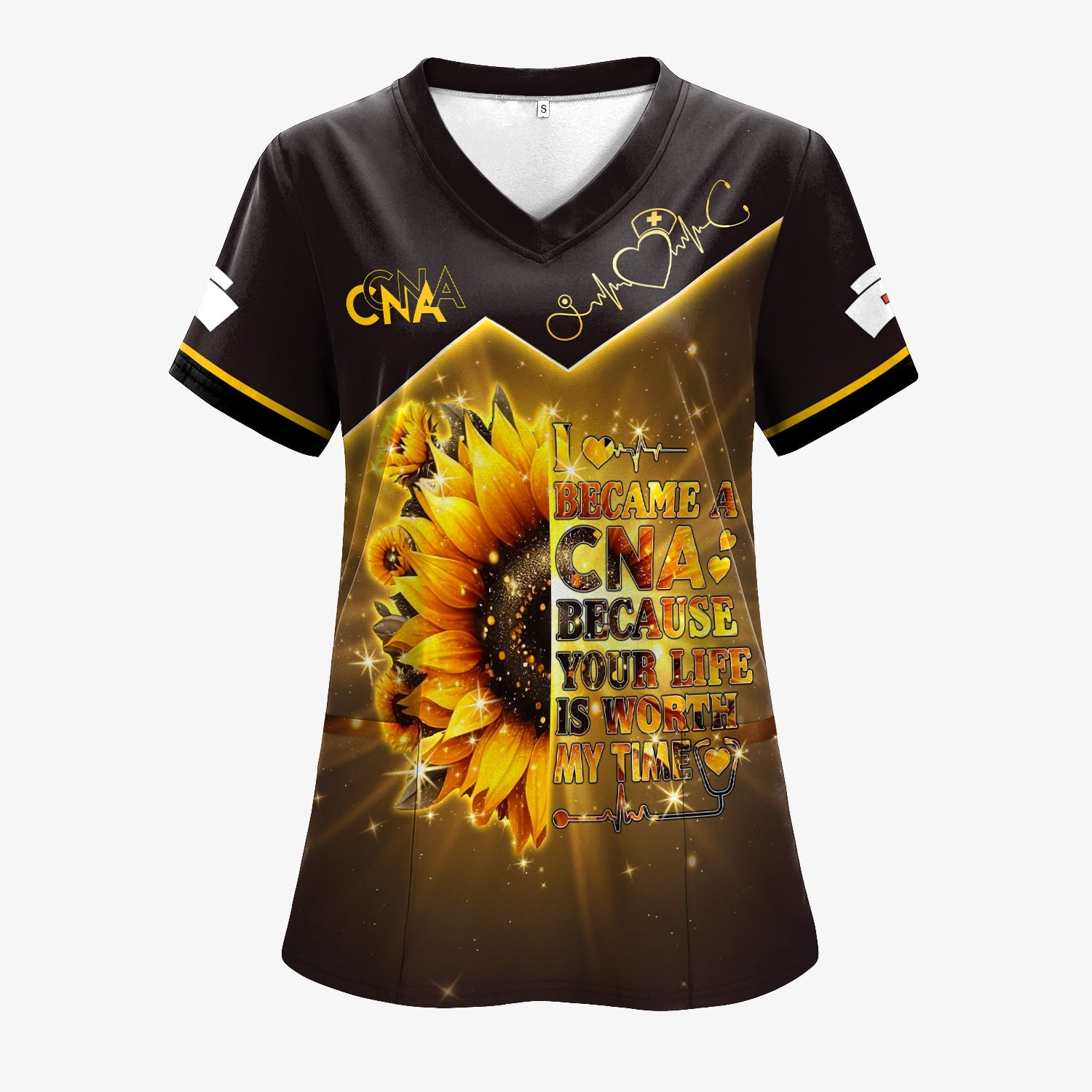 Custom Inspirational CNA T-Shirt - Golden Sunflower & Stethoscope Graphic Tee - Gift for RN LPN Healthcare Workers