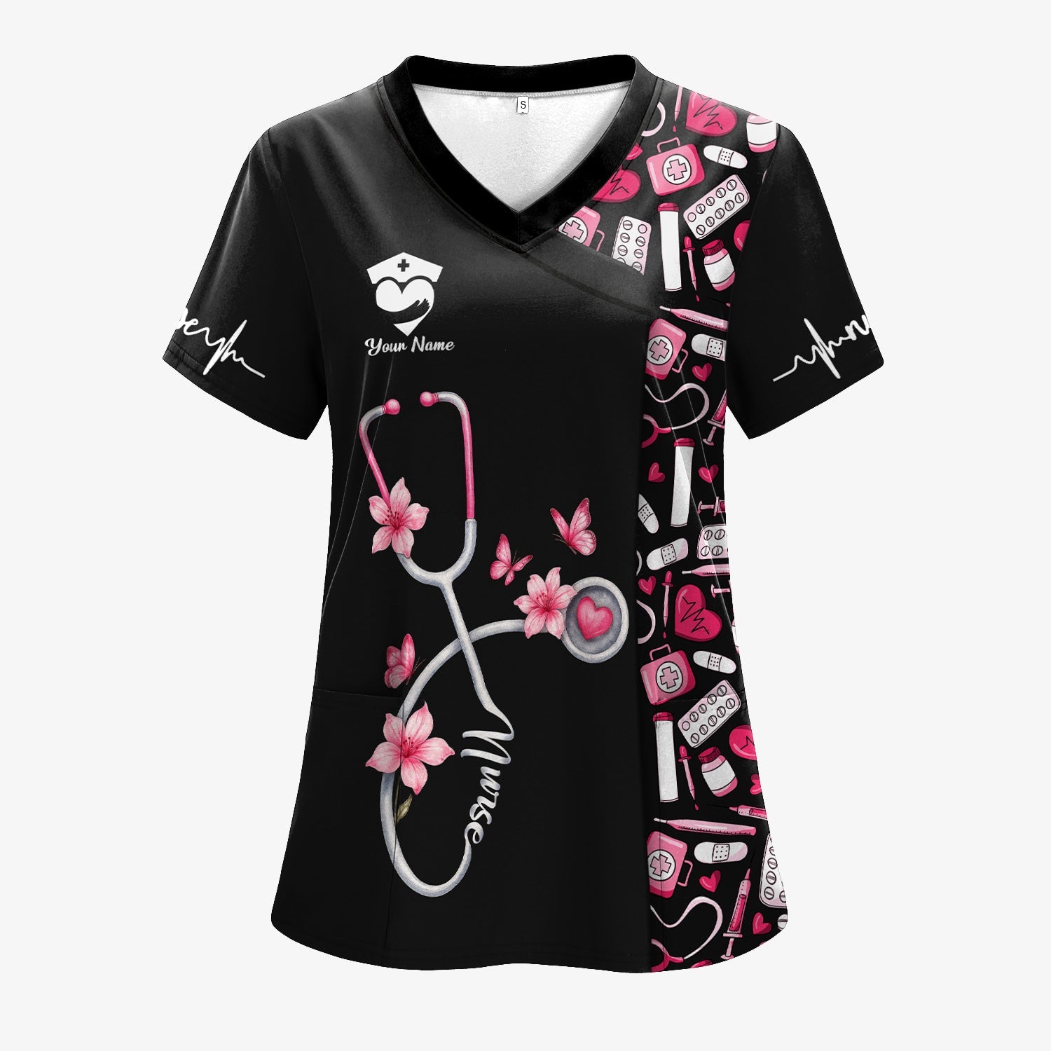 Personalized Nurse Shirt for Women - Pink Stethoscope Floral Medical Design - Cute Gift for RN, CNA, LPN, Medical Staff
