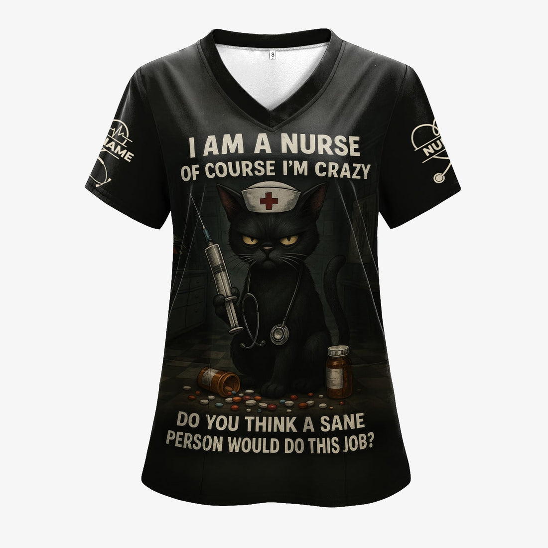 Personalized Crazy Nurse Graphic Shirt - Black Cat with Quote for RN, LPN, CNA - Hilarious Gift for Night Shift Nurses