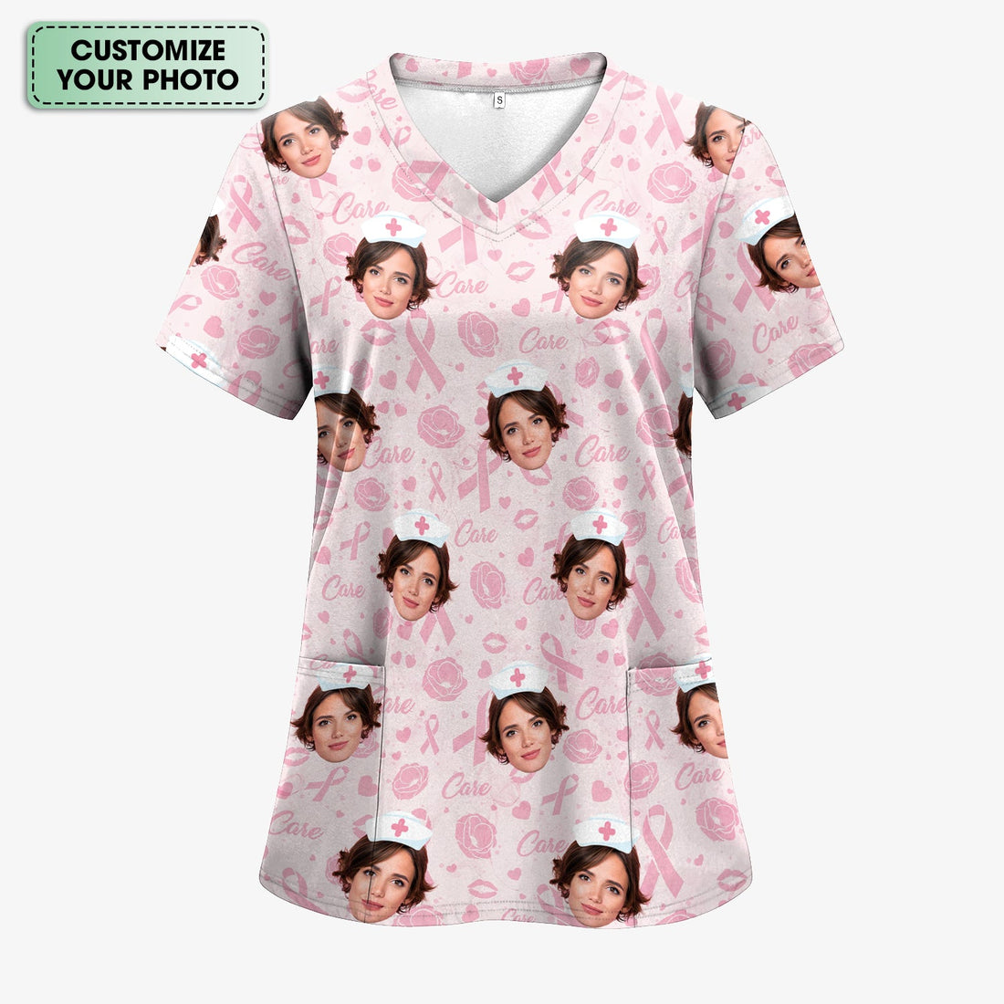 Custom Face Nurse Shirt Pink Ribbon Awareness - Personalized Breast Cancer Support T-Shirt - Gift for Women RN LPN CNA Healthcare Workers
