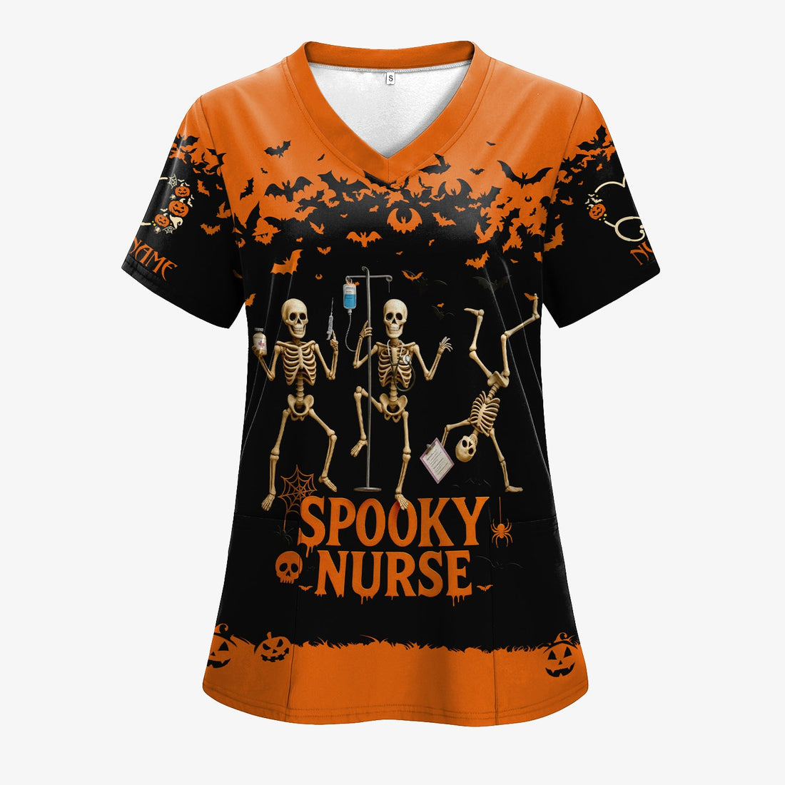 Spooky Nurse Halloween Shirt - Funny Skeleton Medical Scrub Top for RN CNA - Custom Name All Over Print Gift for Nurses