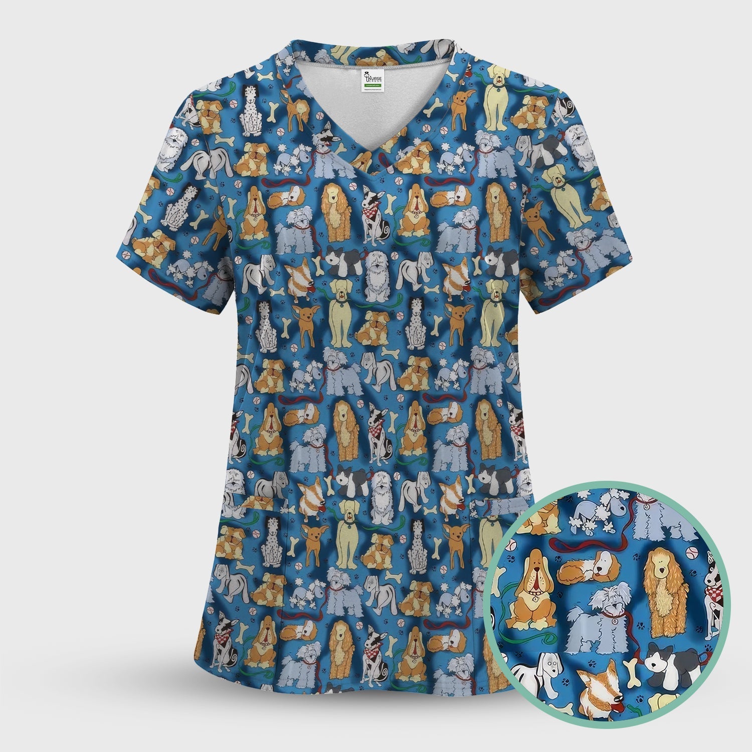 Funny Dog Lover Shirt - Cartoon Dog Breeds Pattern Design - Gift for RN LPN CNA Women Healthcare Staff