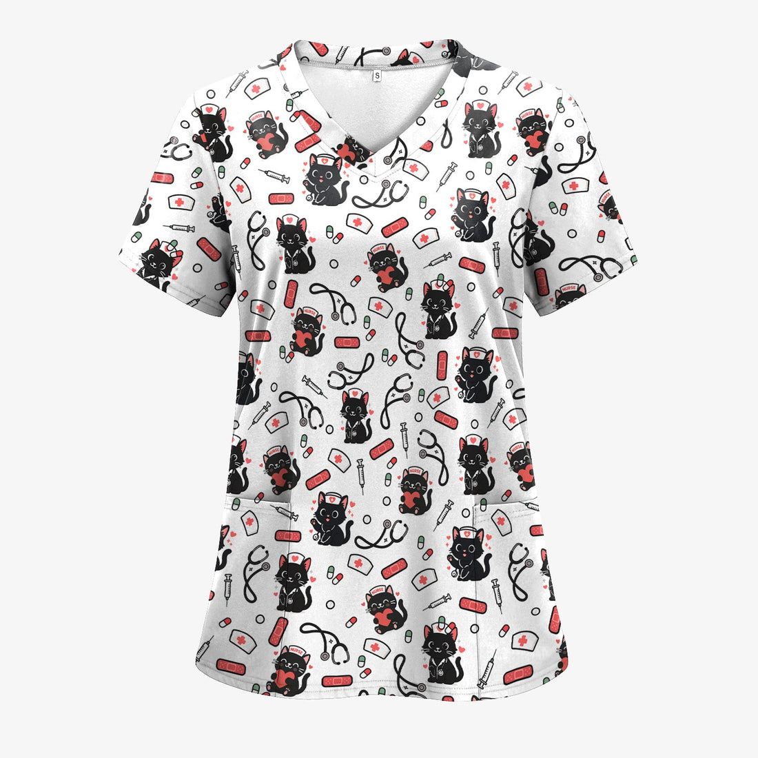 Personalized Adorable Cat Print Nurse Tee - Medical Uniform Shirt with Stethoscope - Gift for RN CNA LPN