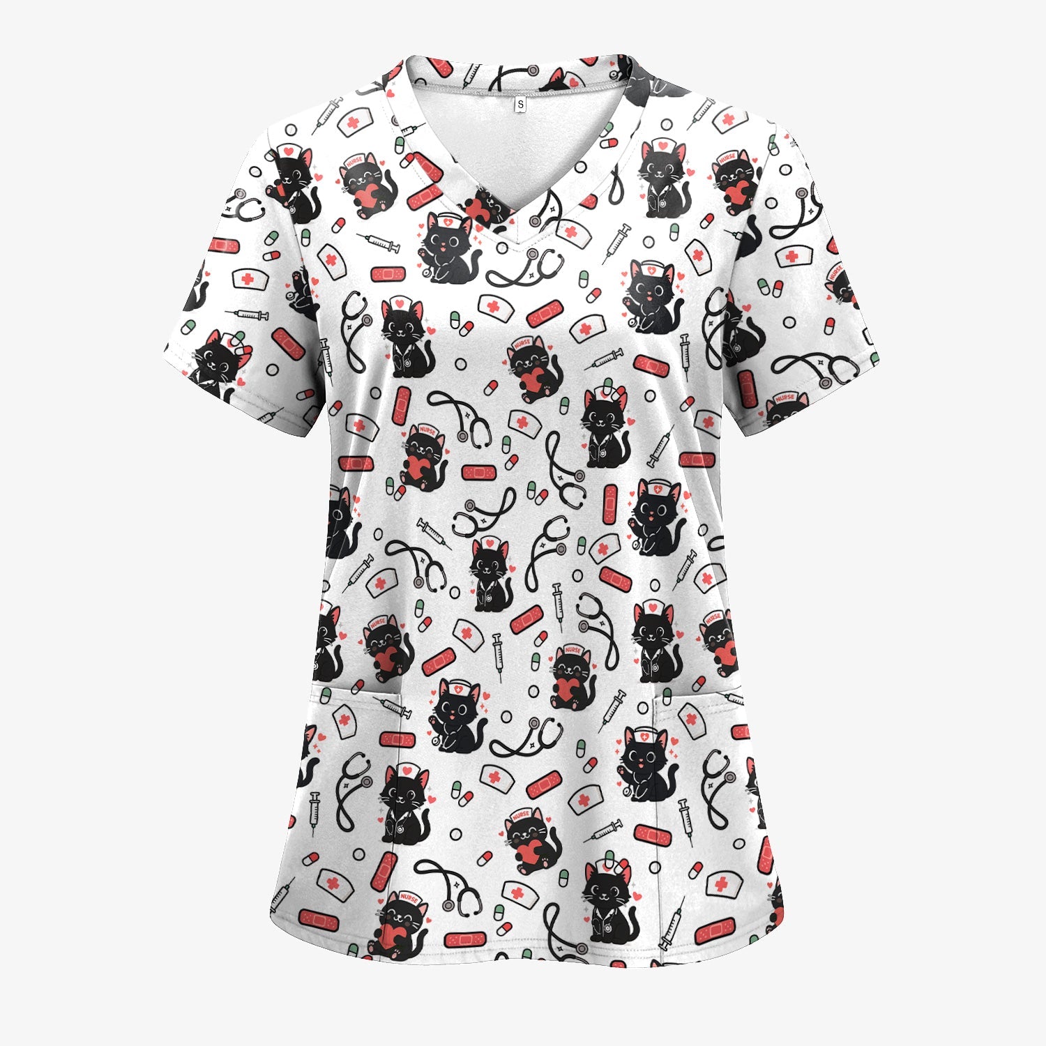 Personalized Adorable Cat Print Nurse Tee - Medical Uniform Shirt with Stethoscope - Gift for RN CNA LPN