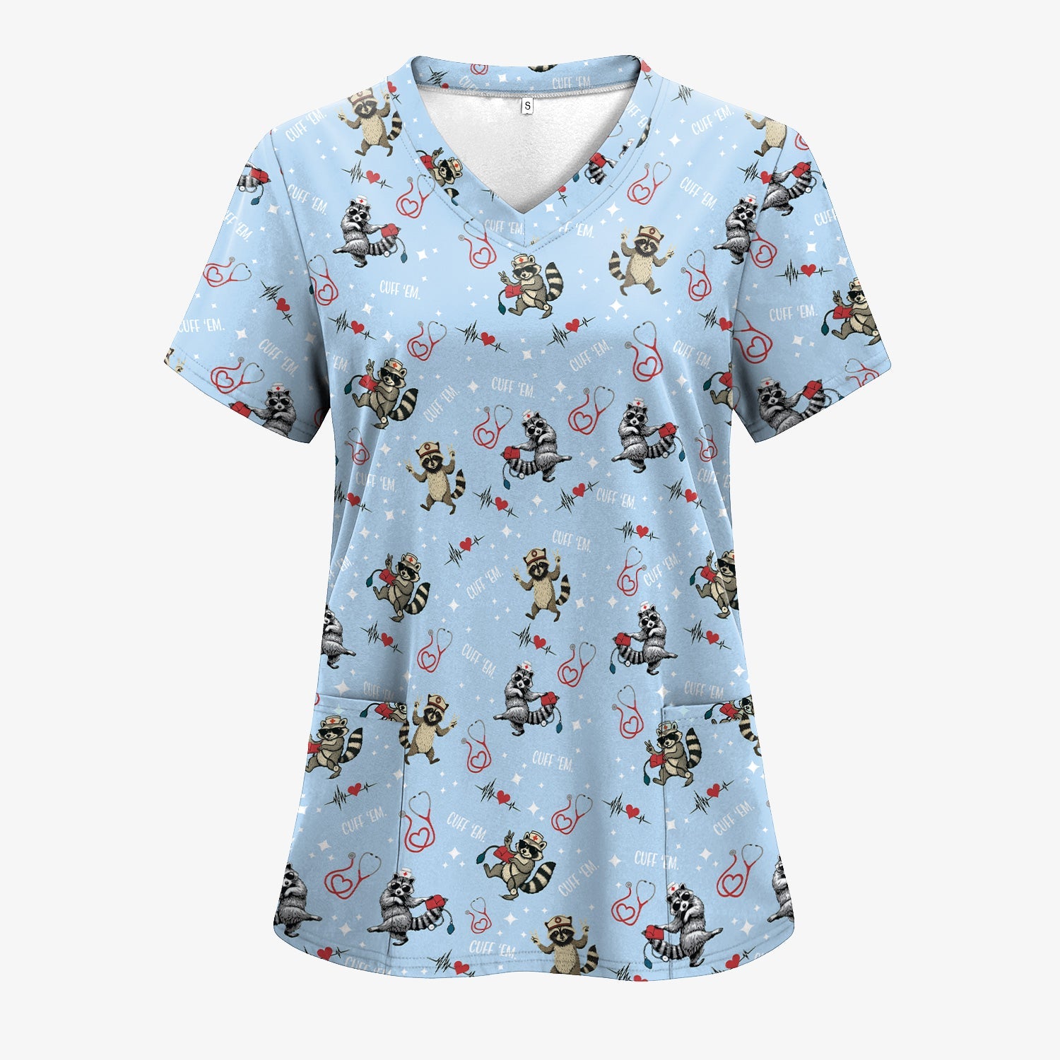 Cuff Em Raccoon Nurse Shirt - Funny Medical Scrub T-Shirt for CNA EMT LPN - Cute All Over Print Gift for Healthcare Workers