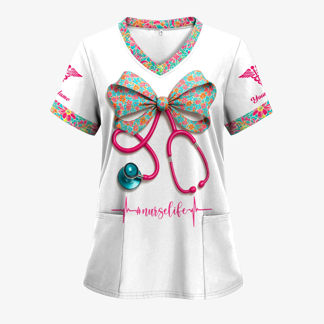 Custom Name Floral Bow Nurse Life Shirt - Cute Stethoscope Design with Heartbeat Graphic - Gift for RN LPN CNA Medical Staff