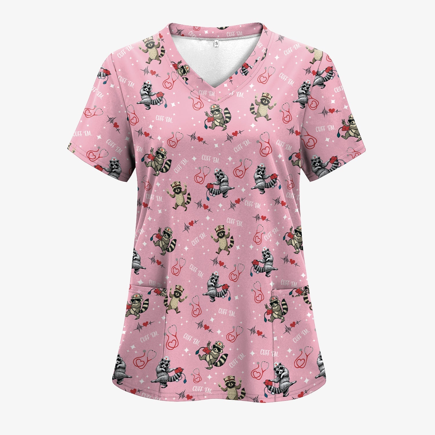 Cuff Em Raccoon Nurse Shirt - Funny Medical Scrub T-Shirt for CNA EMT LPN - Cute All Over Print Gift for Healthcare Workers