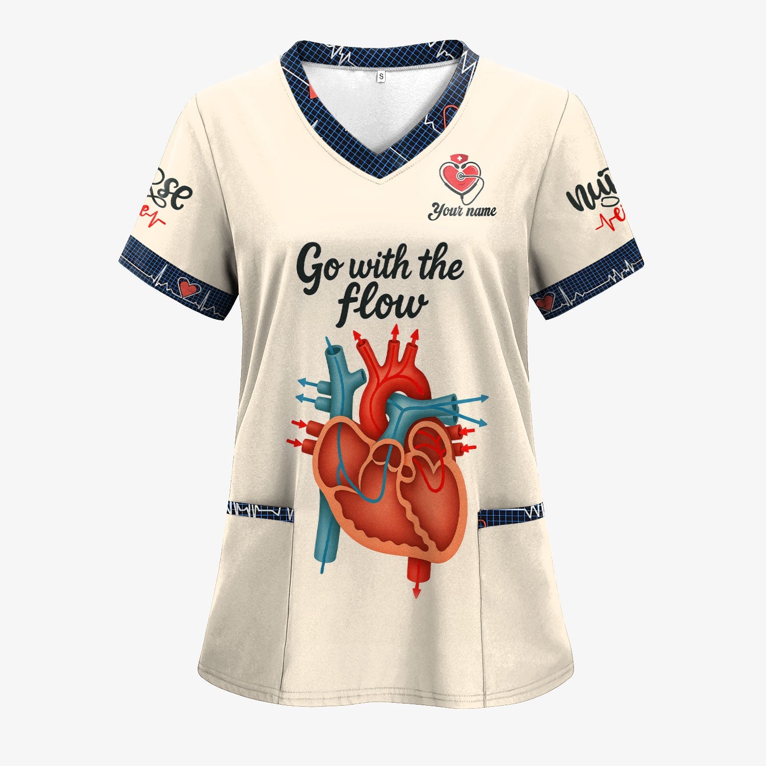 Funny Nurse Shirt for Women RN LPN CNA - Go With The Flow Heart Anatomy Design - Custom Name Gift for Healthcare Workers, Cardiologists, ICU & ER Staff
