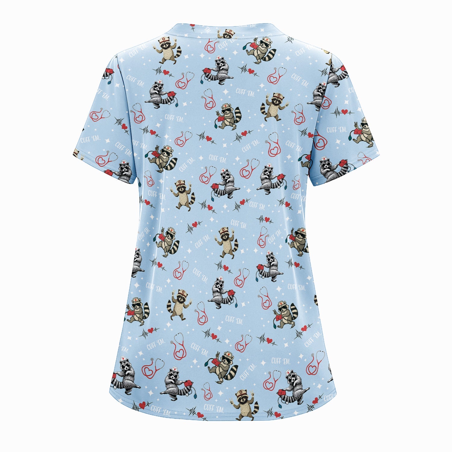 Cuff Em Raccoon Nurse Shirt - Funny Medical Scrub T-Shirt for CNA EMT LPN - Cute All Over Print Gift for Healthcare Workers